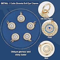 Vista 4 de Beebeecraft 5Pcs/Box Evil Eye Charms 18K Gold Plated Brass Flat Round with Blue Cubic Zirconia Turkish Evil Eye Pendants Jewelry Making Findings for