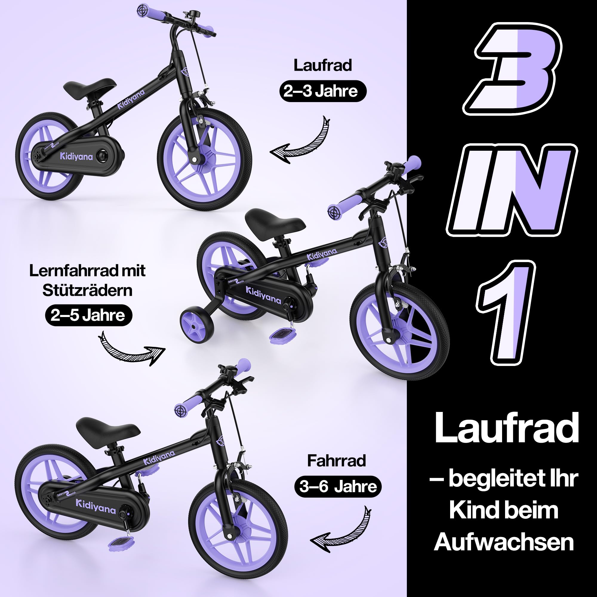 3-in-1 Kinderfahrrad ab 2 Jahren mit abnehmbaren Pedalen & Stützrädern – Laufrad 12 Zoll mit Handbremse, Klingel, höhenverstellbarem Sattel & Lenker, Balance Bike mit Aluminiumrahmen