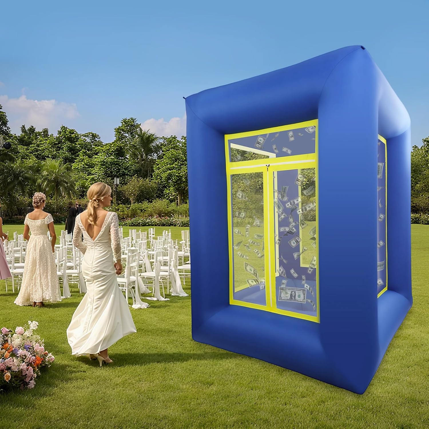 Inflatable Cash Cube Booth with 2 Blowers 9FT Inflatable Cash Cube Money Grab Machine Quick Inflated Money Booth Machine for Promotion Events (Money Machine+2 Blowers)