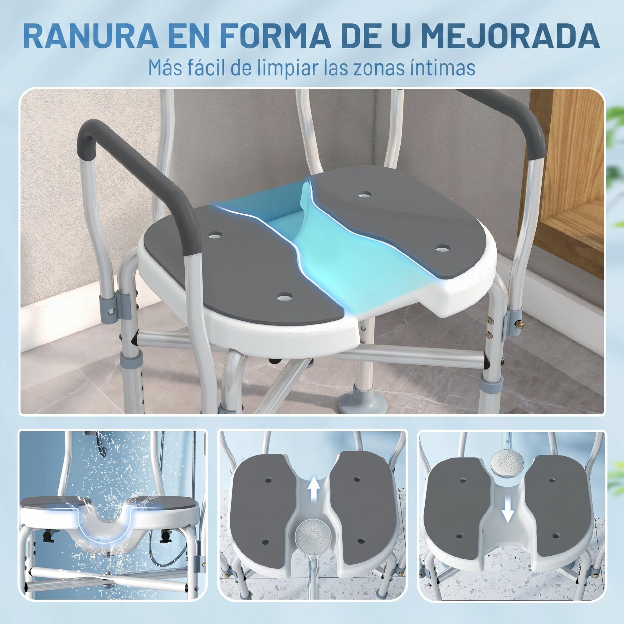 HOMCOM Silla Ducha Personas Mayores Asiento Ranurado Altura Regulable Gris