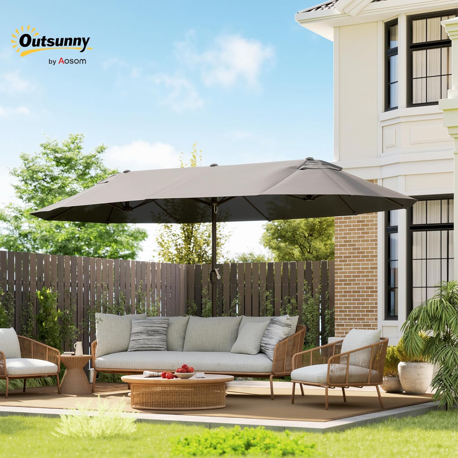 Outsunny 15 ft Double-Sided Patio Umbrella fully open on a patio