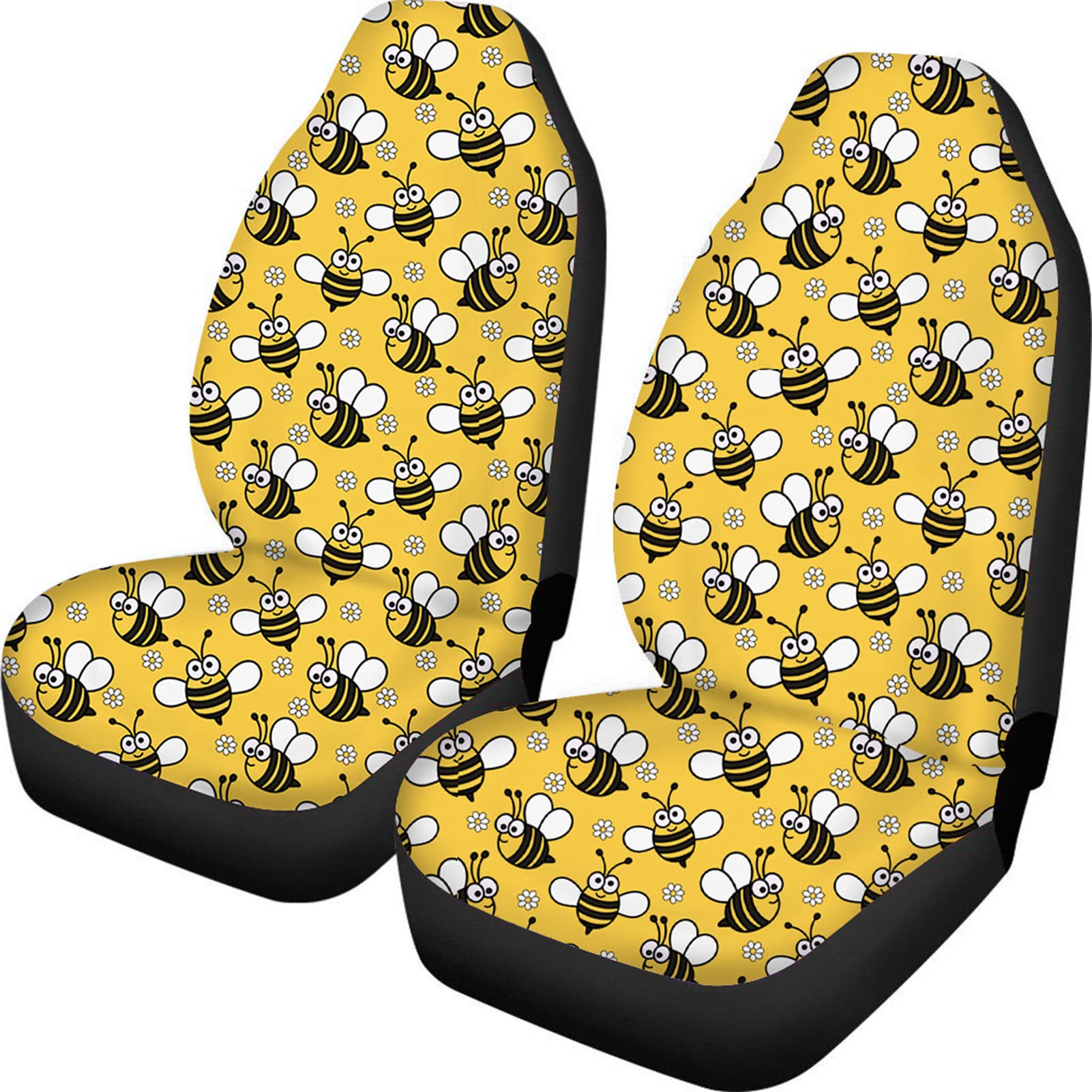 Showudesigns Universal Car Seat Cover Full Set Flower Bee Print Front Seat Covers 2 pc Protector Car Mat Covers, Fit Most Vehicle, Cars, Sedan, Truck, SUV, Van Yellow