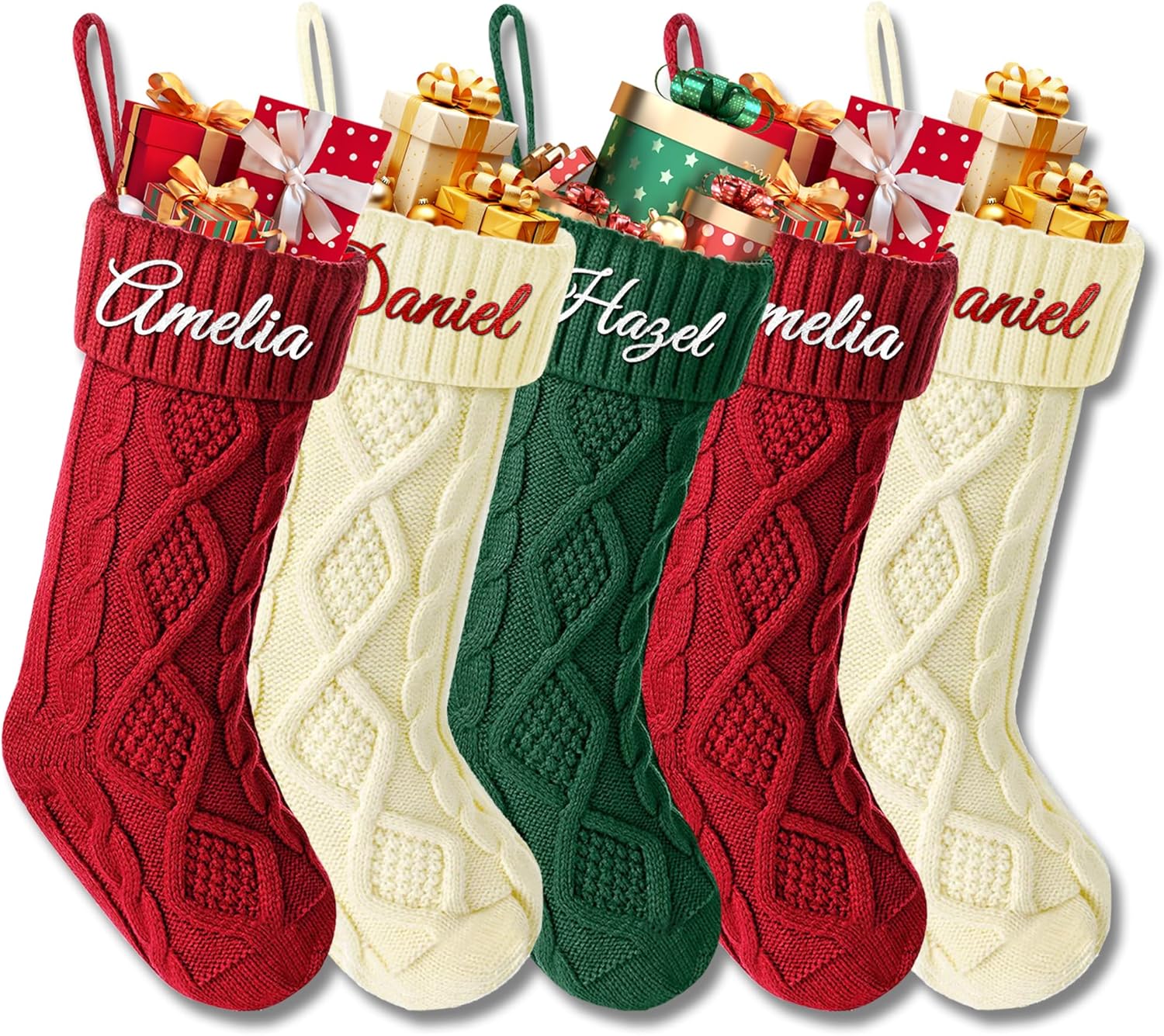Personalized Christmas Stockings 5 Pack, Custom Christmas Stockings with Names, 18” Large Knitted Xmas Stocking for Family Kids, Fireplace Hanging Holiday Christmas Party Decoration