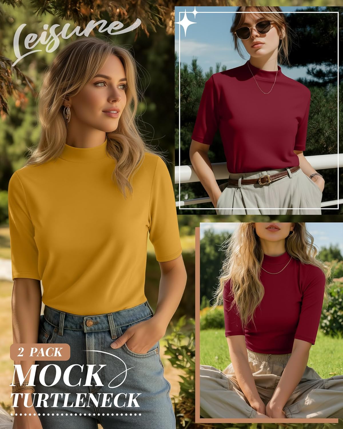 Ficerd 2 Pack Women's Mock Turtleneck T Shirts, Half Sleeve Business Casual Tunic Tops Slim Fit Summer Basic Dressy Tee Shirt - Image 4