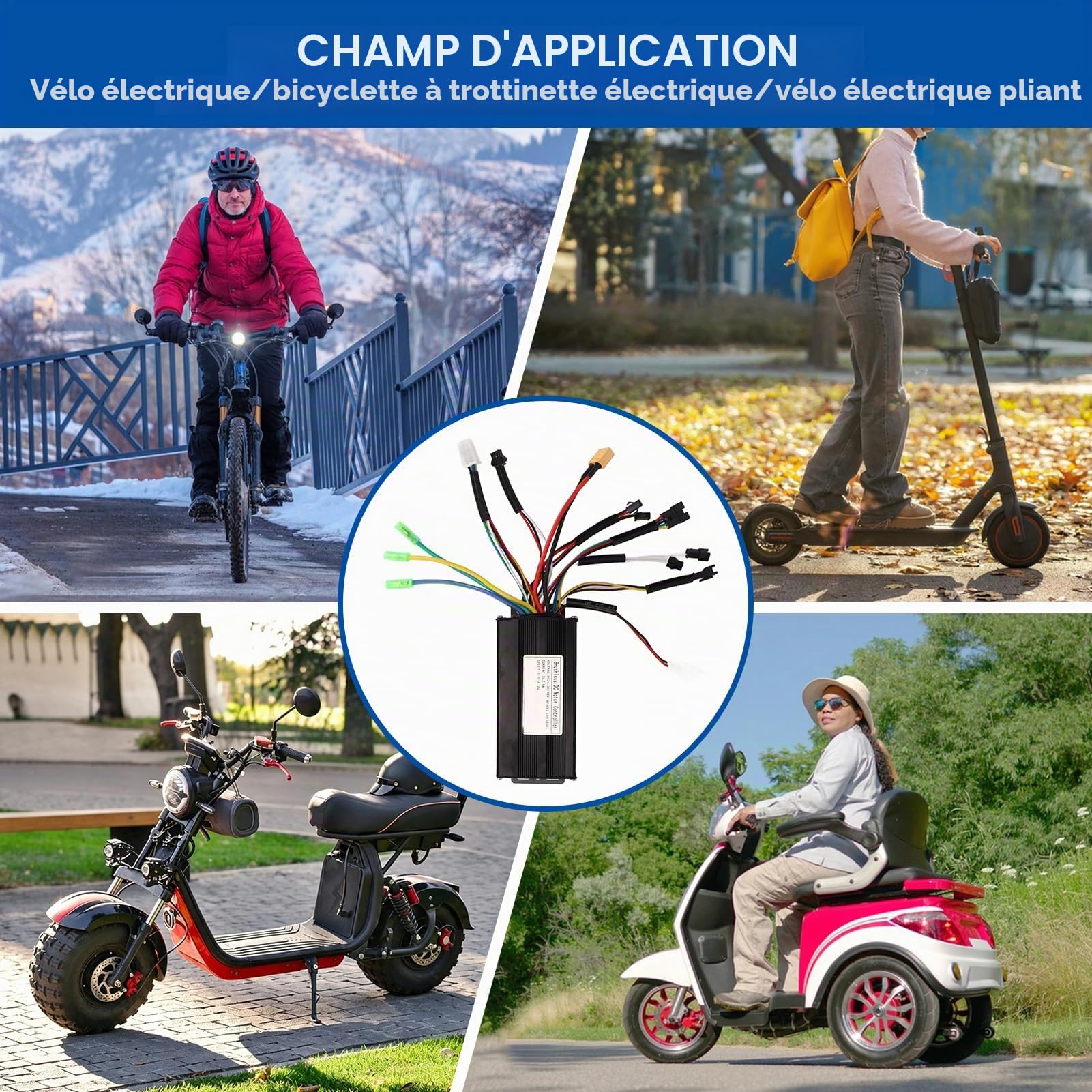 Contrôleur de Moteur sans Balais, Contrôleur vélo électrique 24V 36V 48V Contrôleur à 3 modes onde sinusoïdale scooter Accessoires trottinette électrique pour Vélo Électrique Scooter Électrique