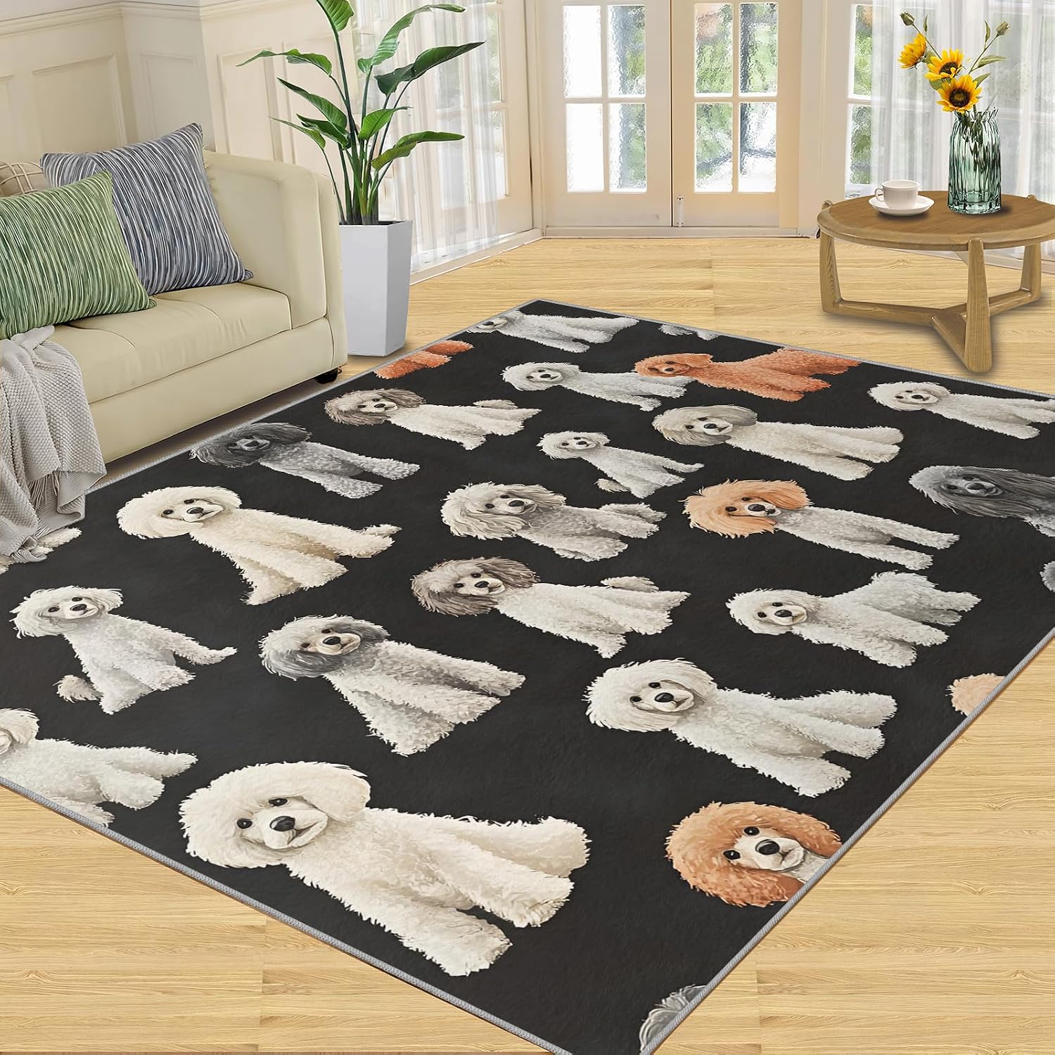 4x5 Poodle Illustration Area Rugs - Dogs Rug for Entryway, Cute Animals Washable Entry Way Rugs Kids Carpet for Inside House Playroom Living Room End Table Nursery
