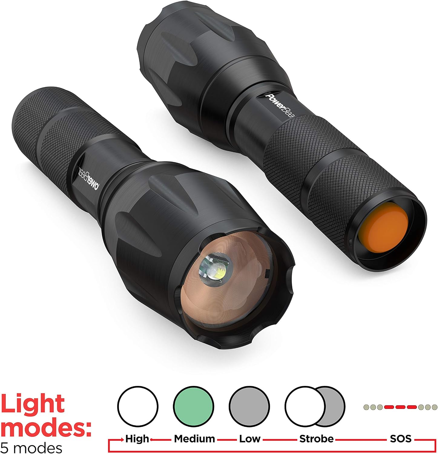 PowerBear LED Tactical Flashlight [3 Pack] Water Resistant with 5 Light Modes