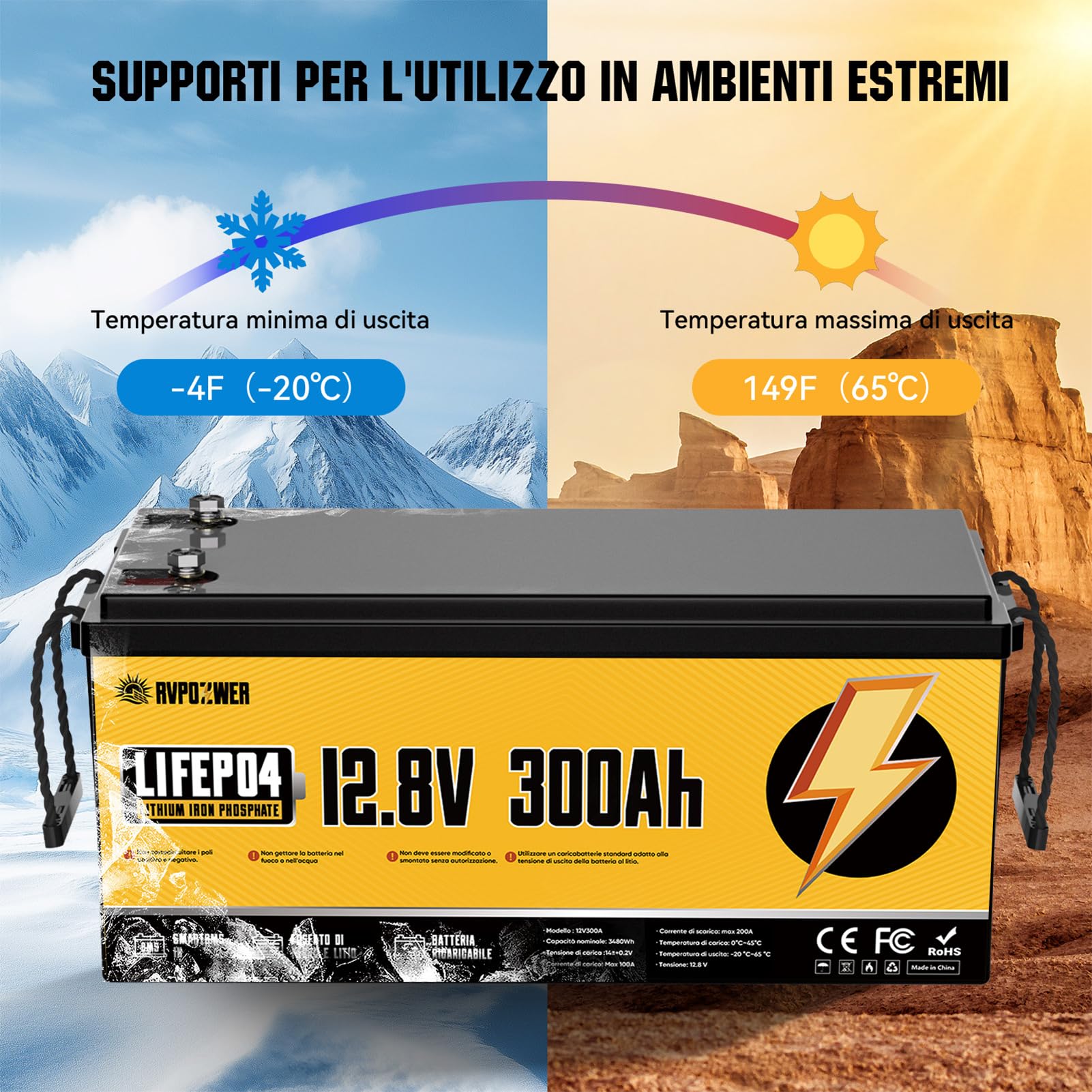 Batteria Litio 12V 300Ah, 3840Wh LiFePO4 Batterie, con BMS Integrato da 200A, 18000 Cicli a Scarica Profonda, Protezione Contro le Basse Temperature, per Off-Grid, Camper e Imbarcazioni