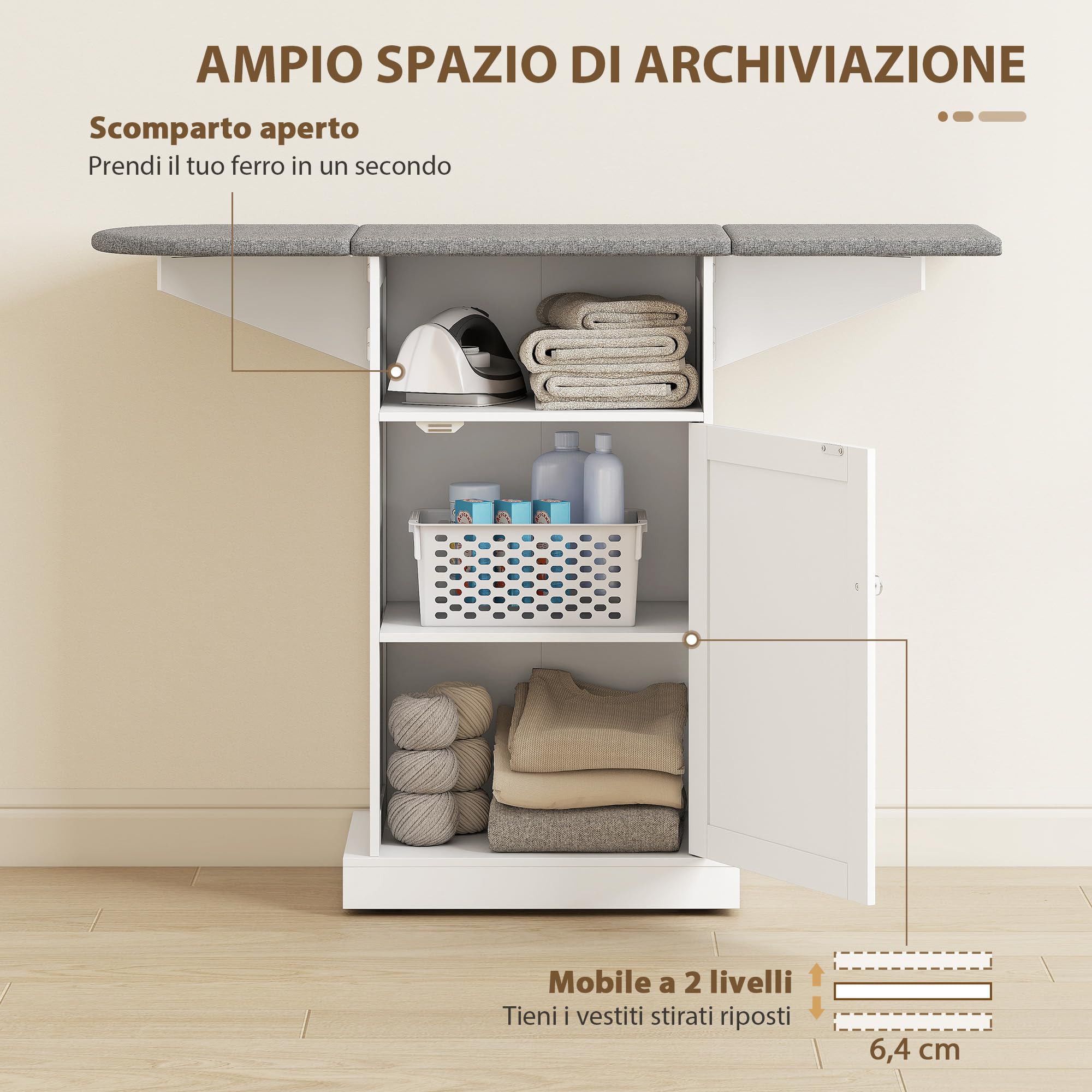 HOMCOM Mobile Asse da Stiro Salvaspazio Pieghevole con Ruote a Freno, Mobile da Stiro Multiuso con Vano Aperto, Ripiano Regolabile, per Lavanderia e Bagno, 121x37x89 cm, Bianco
