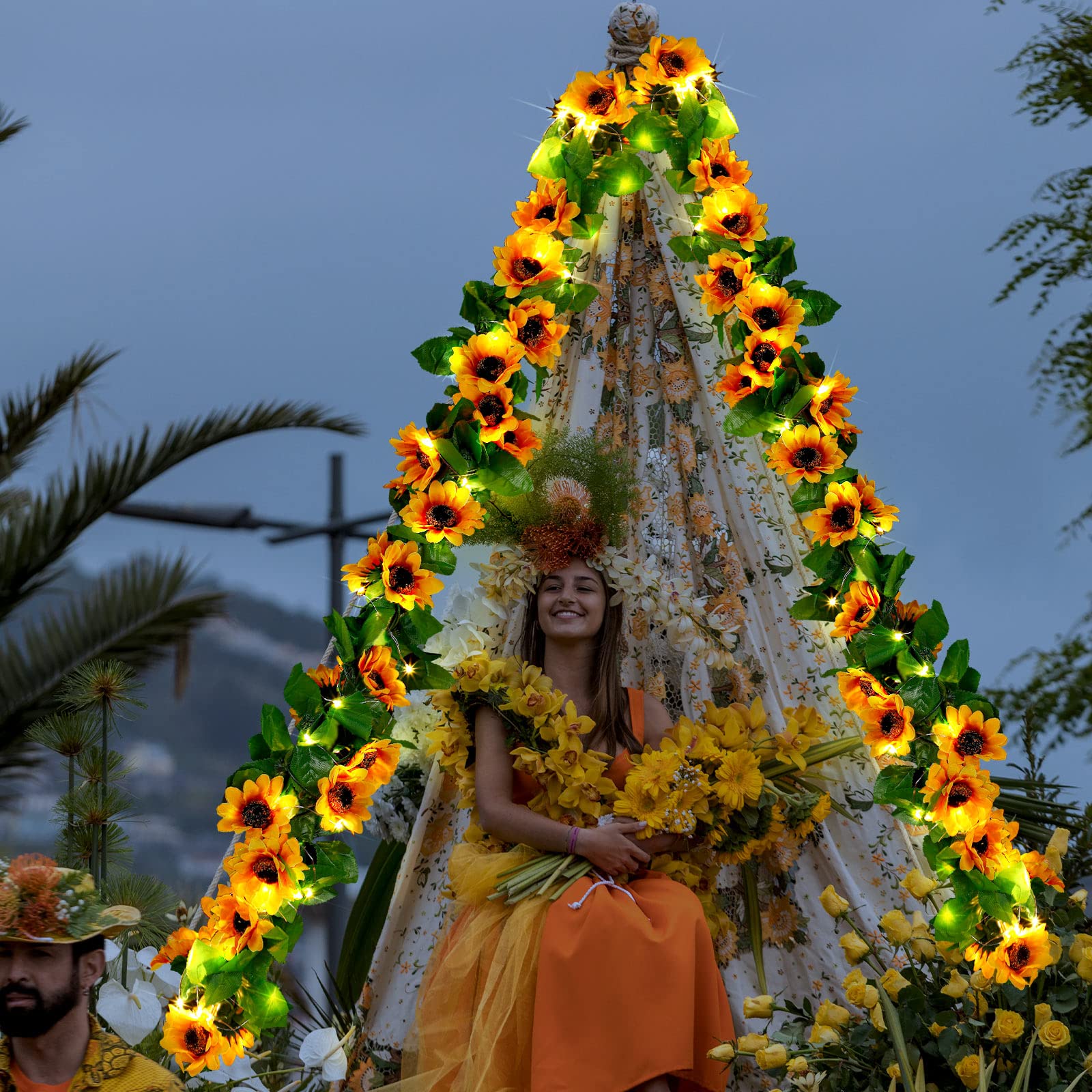 Ghirlanda di girasole artificiale da 10 m con 120 LED con viti finte a forma di girasole in seta, con luci a LED da 12 m, per parete, matrimonio, camera da letto, giardino, feste, confezione da 8