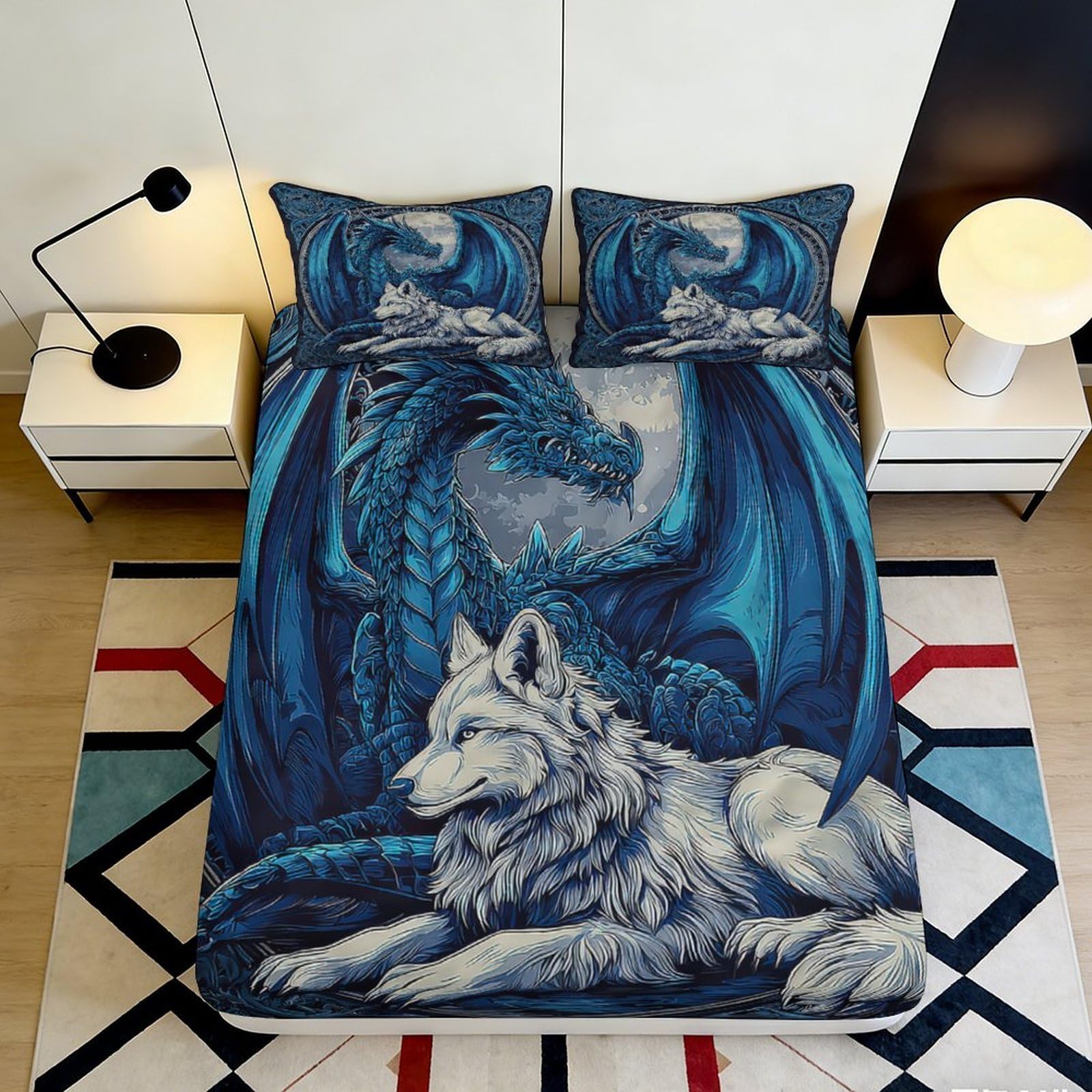 3D Printed Blue Dragon and White Wolf Fitted Sheet Microfiber Soft Breathable 3D Printed Fantasy Bed Cover for Bedroom Dormitory Guest Room Mattress Protection 180x200x25cm