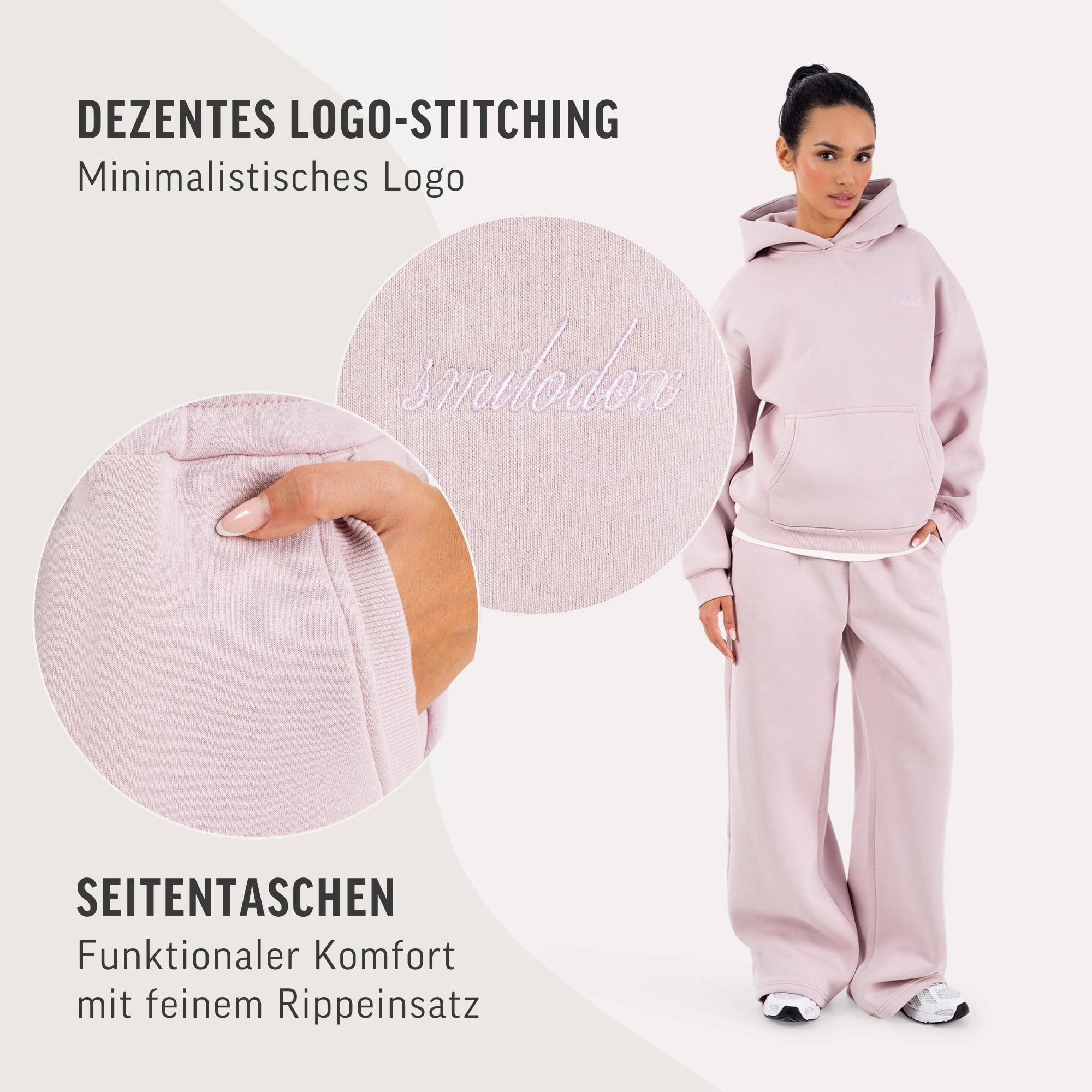 SMILODOX Jogginghose Damen Thalea Oversized Wide-Leg, Sweatpants, Freizeit-Hose mit elastischem Bund und Tunnelzug, Seitliche Eingrifftaschen, Logo-Stitching Modernes Design, für Gym & Homewear