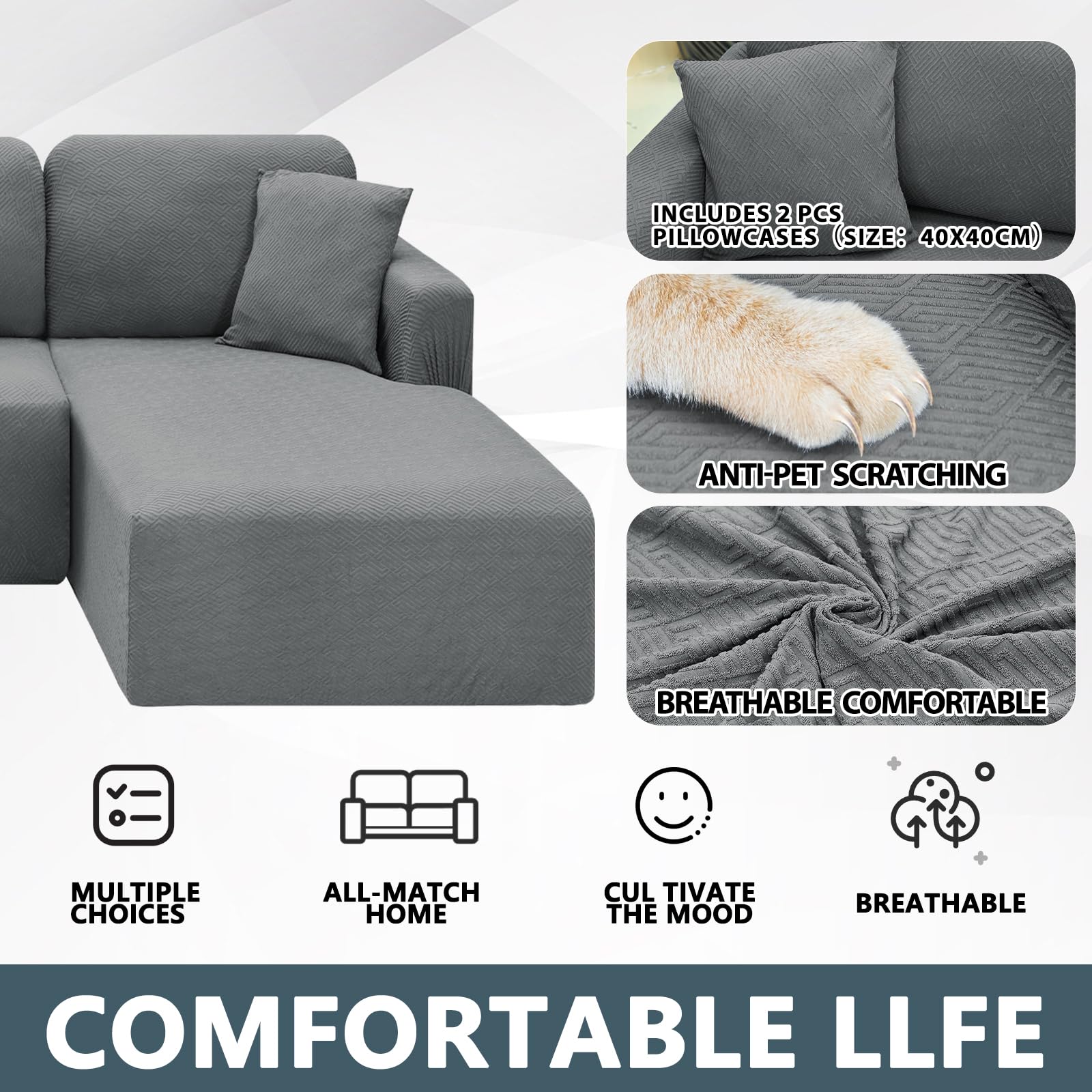 CHELZEN Copridivano con Penisola Elasticizzato, 2 Pezzi Sinistra/Destra Angolo Divano Copertura, Chaise Longue Sofa Cover a Forma di L (3 Posti+3 Posti, Grigio Chiaro)