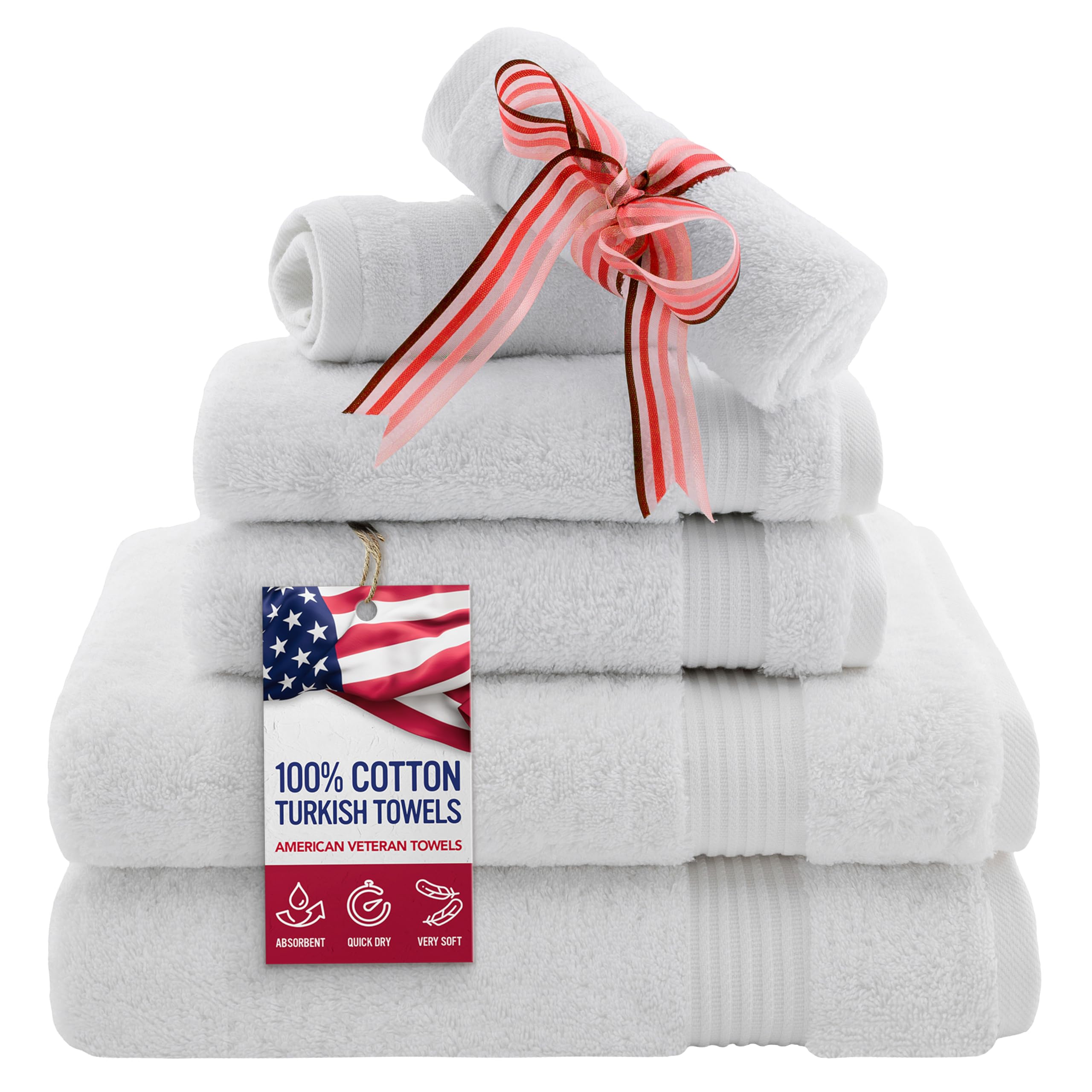 American Veteran Towel, 6 Piece Towel Set for Bathroom, 100% Cotton Turkish Bathroom Towels, 2 Bath Towels 2 Hand Towels 2 Washcloths, White โ image 1