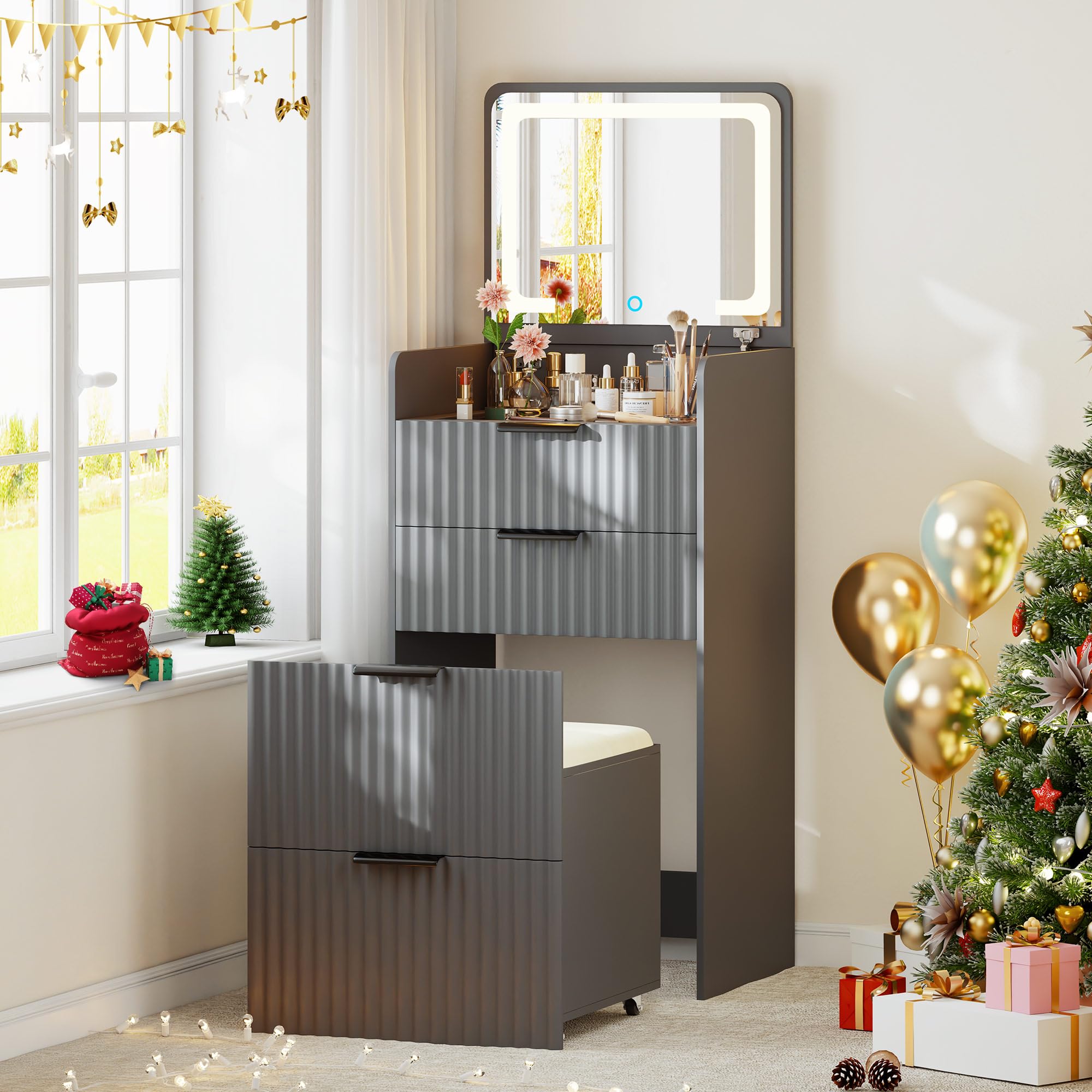 Gurexl Fluted Small Vanity Desk with Mirror and Lights, 3-in-1 Compact Makeup Vanity Set with Hidden Storage Stool, Mini Dressing Table with 3 Drawers