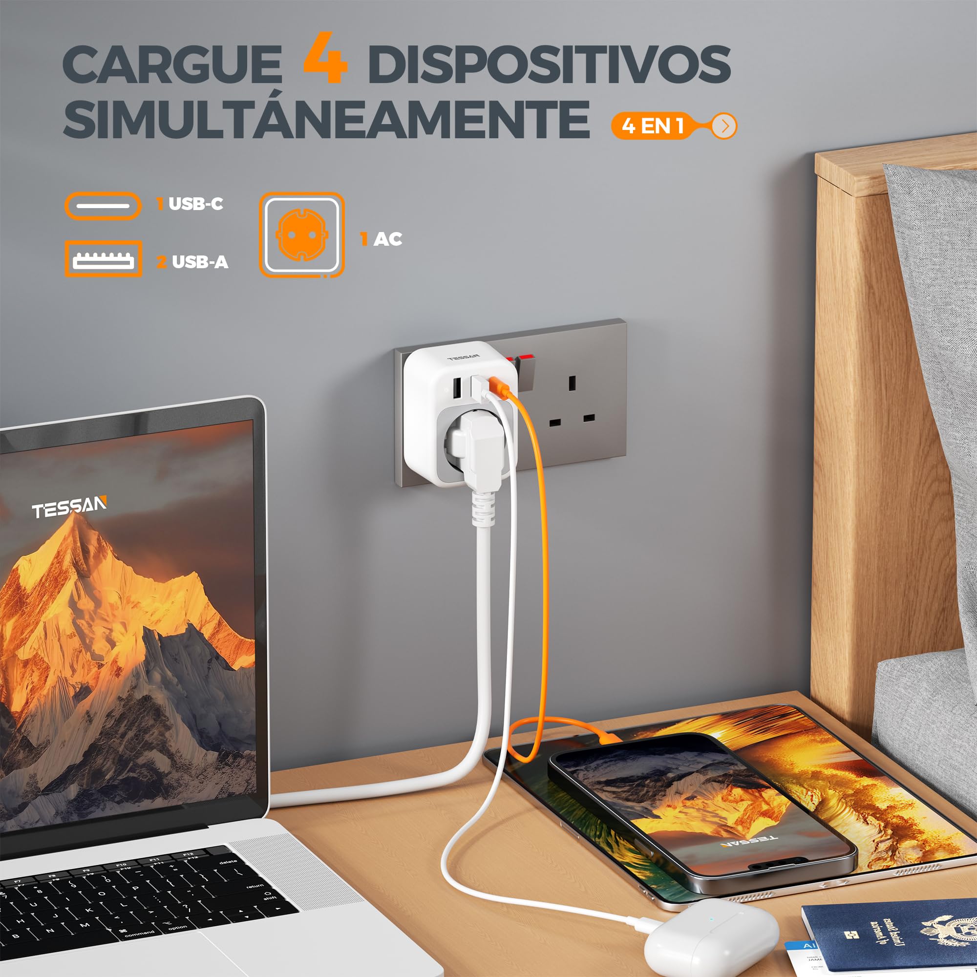 TESSAN Paquete de 2 Adaptador Enchufe UK, 4 en 1 Enchufe Tipo G con USB C y 2 USB A, Adaptador Ingles a Español 3250 W, Adapter Irlanda, EU to UK Plug Adapter para Irlanda Escocia