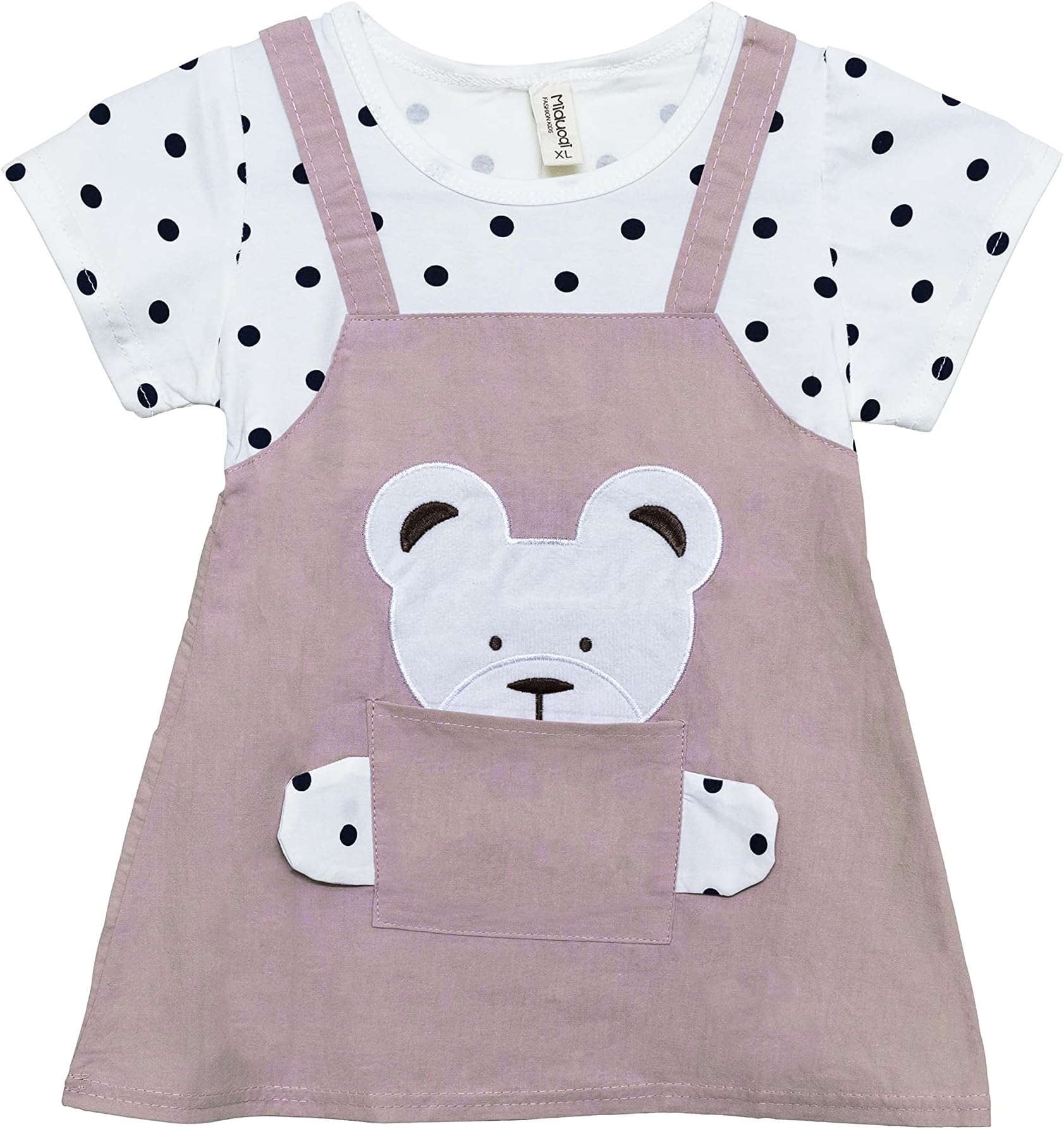 Bold N Elegant Cotton Half Sleeve Teddy Bear Patch Tunic Pinafore Pinny Midi Dress Frock for Infant Toddler Baby Girls