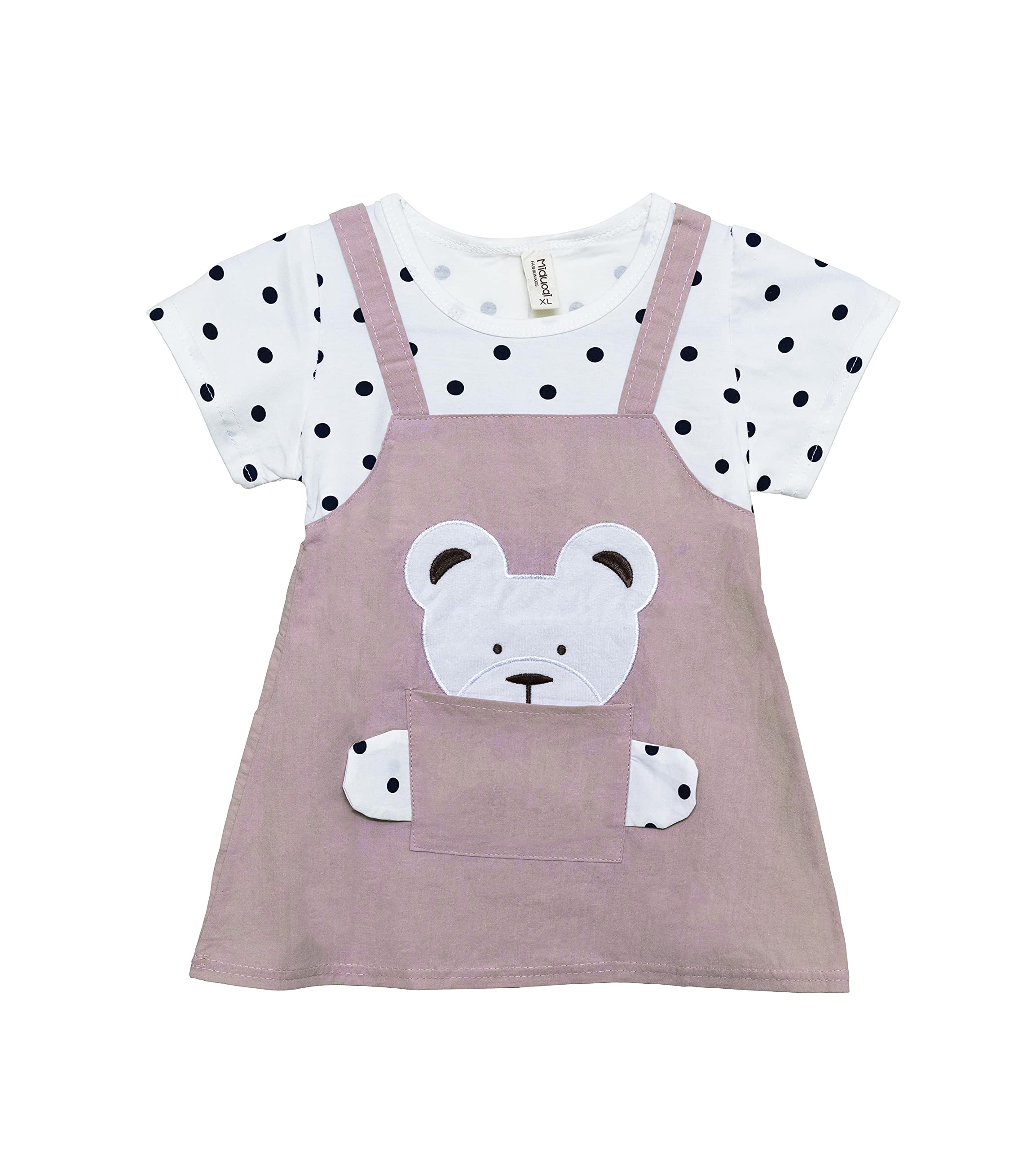Bold N Elegant Cotton Half Sleeve Teddy Bear Patch Tunic Pinafore Pinny Midi Dress Frock for Infant Toddler Baby Girls