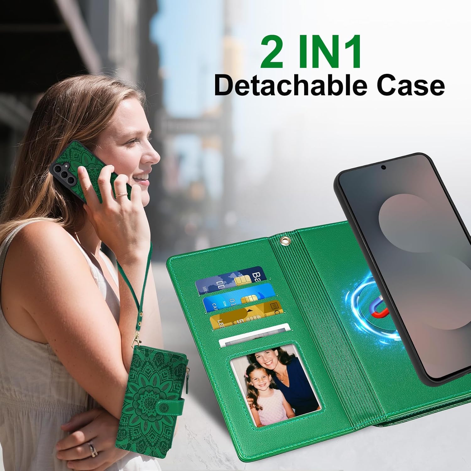 Harryshell Detachable Wallet Case for Samsung Galaxy S25 FE Compatible with Magsafe RFID Blocking Card Slots Removable Phone Cover Zipper Purse Kickstand Wrist Strap for Men Women Floral Green