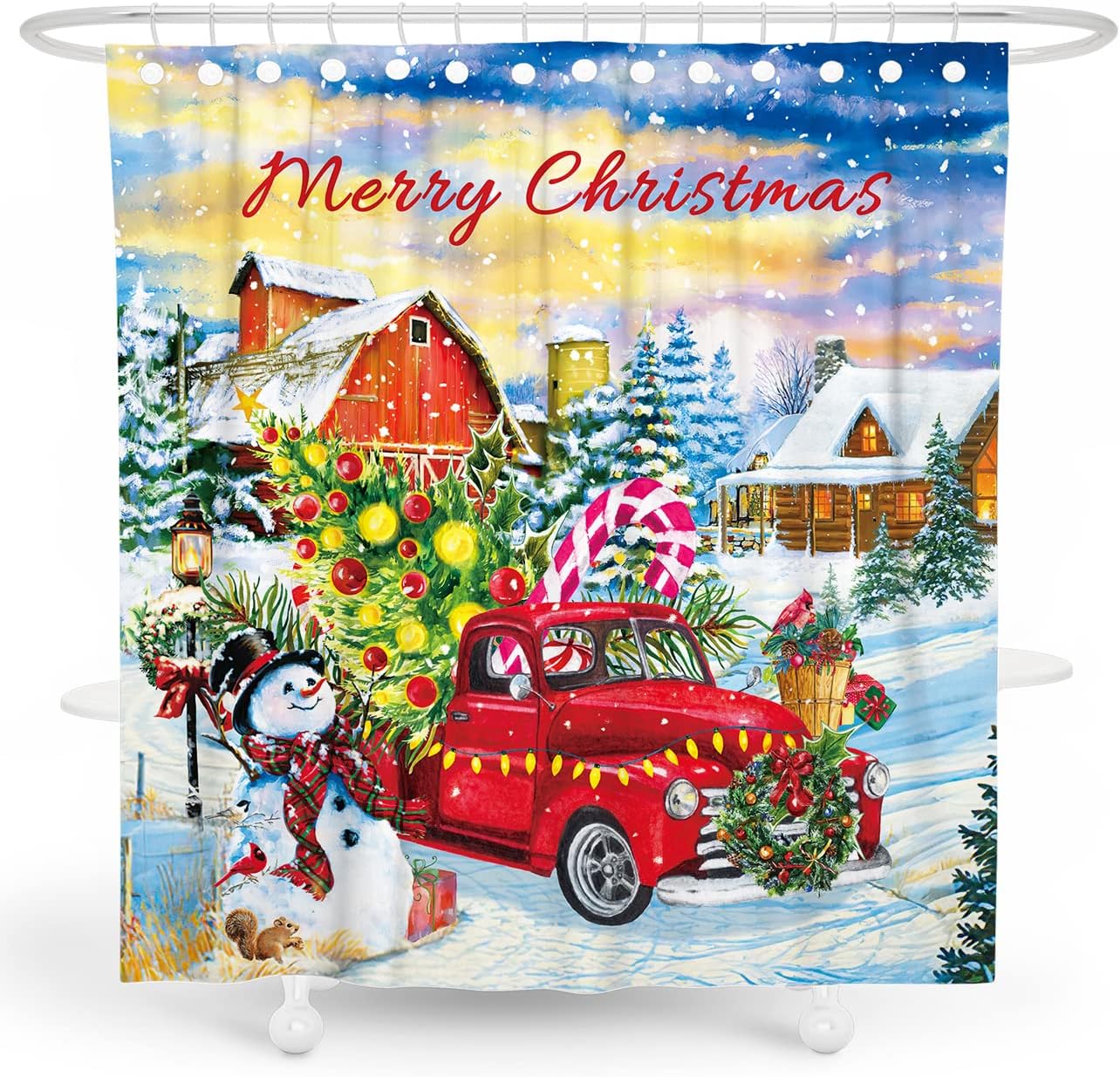 DESIHOM Red Truck Shower Curtain Christmas Shower Curtain Winter Snowman Shower Curtain Xmas Holiday Shower Curtains for Bathroom Decor Polyester 72x72 Inch