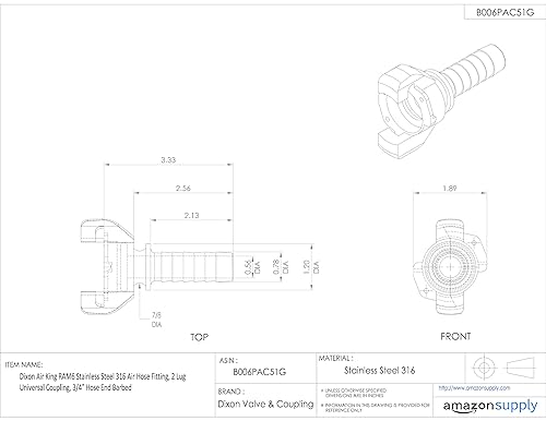 Miniatura 6 de Dixon Air King RAM1 - Manguera de aire de acero inoxidable 316, acoplamiento universal de 2 lengüetas, extremo de manguera de 12 pulgada con púas