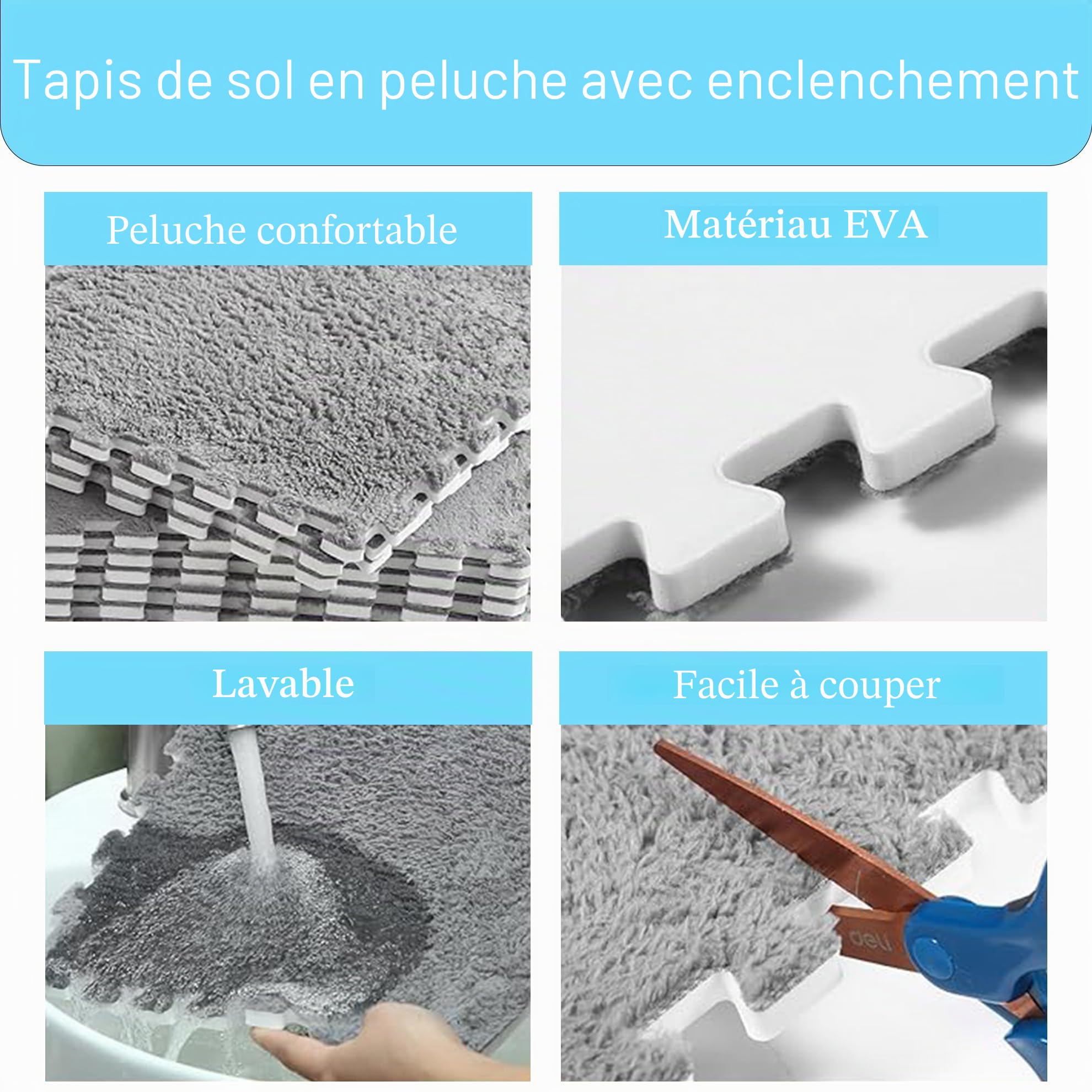50 pièces de tapis en mousse à assembler en peluche, 30 x 30 cm - Tapis de sol pour salon et chambre à coucher - Tapis de sol en mousse à assembler pour le jeu (Gris, 50 pièces)