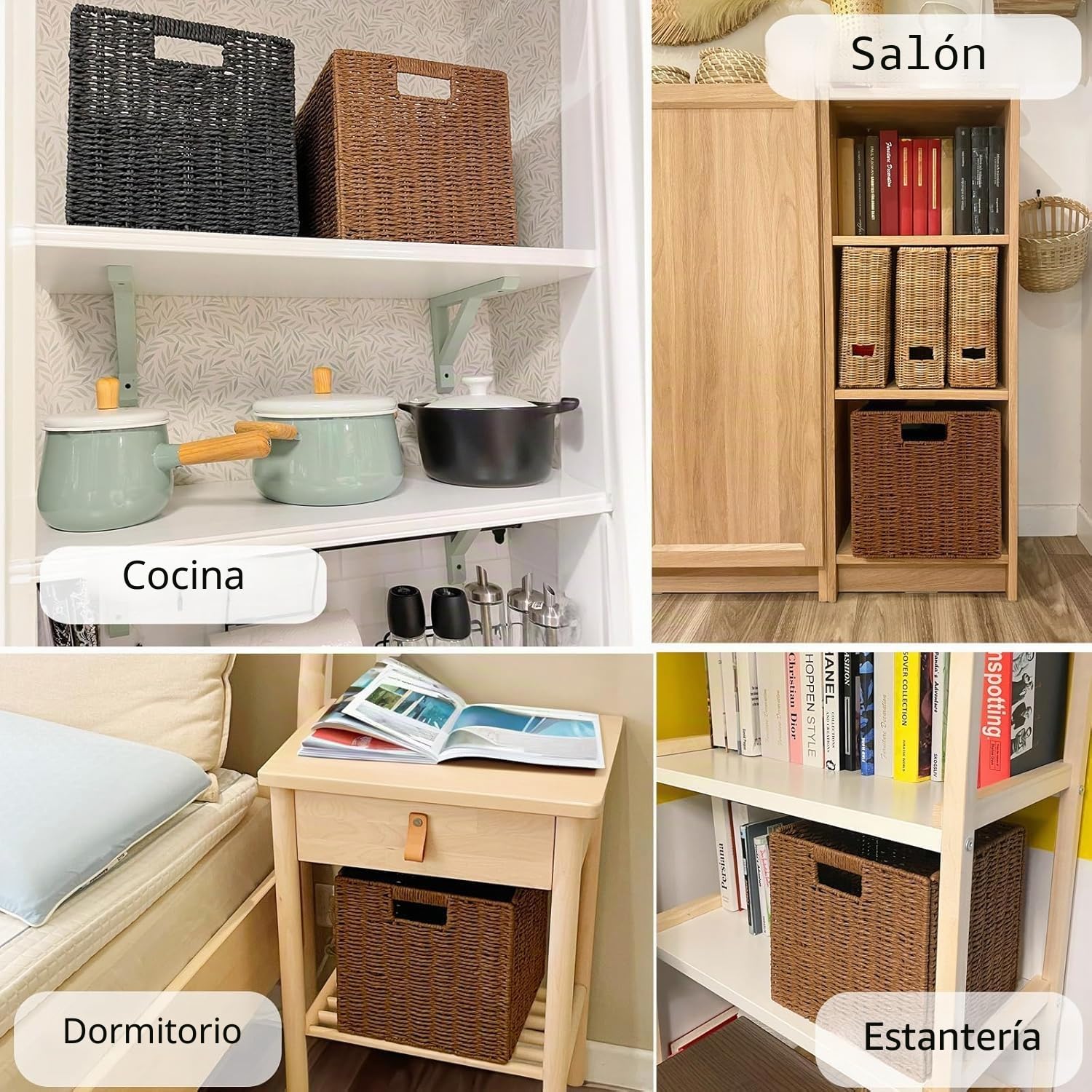 2 Cestas de Almacenaje, Cesta Mimbre Tejidas a Mano Cubo 28CM, Cesta Grande Plegable de Papel de Jacinto de Agua con Asas, Cesto Decorativo para Baño Estanterías Kallax Cocina Marrón