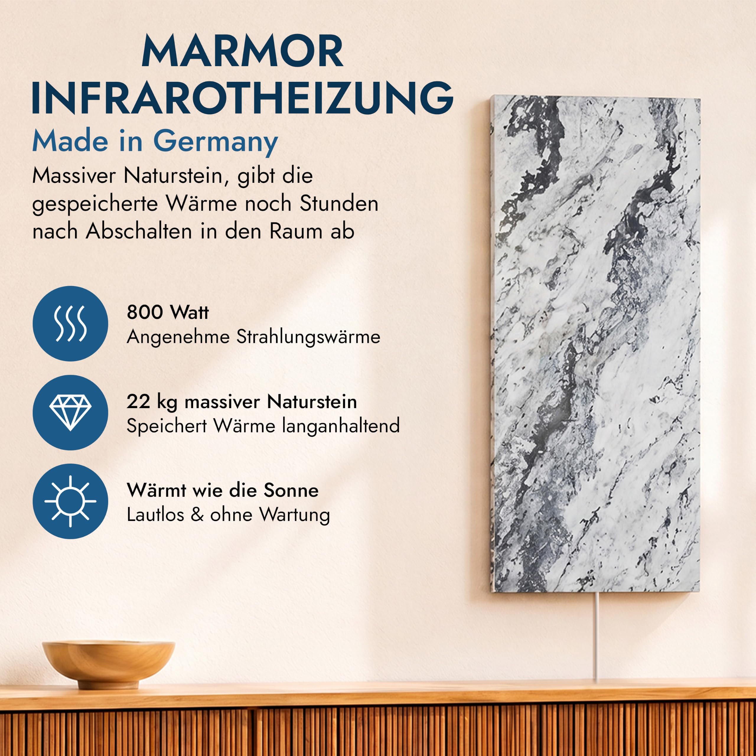 Naturstein Infrarotheizung 800 Watt Qarama - Massive Wandheizung aus echtem Marmor - Elektroheizung mit Digitalthermostat, lautlos, 100x40 cm - Made in Germany