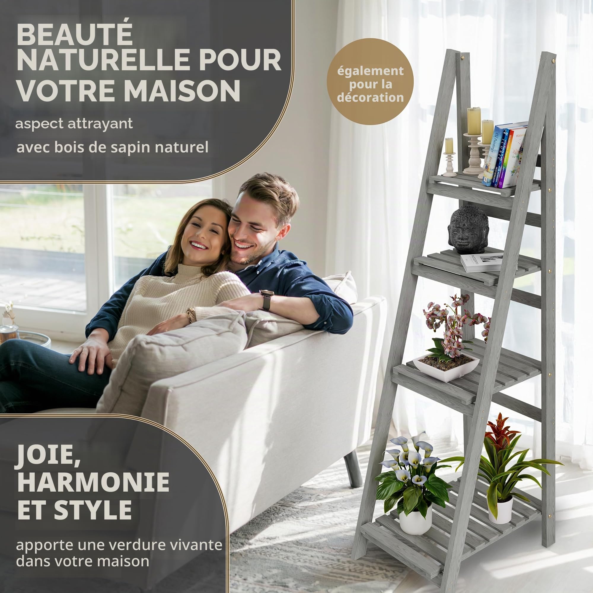Échelle à fleurs L 160 x 41 x 50 cm Gris clair – Étagère en bois naturel à 4 niveaux Étagère à fleurs Étagère à plantes Étagère à herbes pour l'intérieur et l'extérieur Balcon Terrasse
