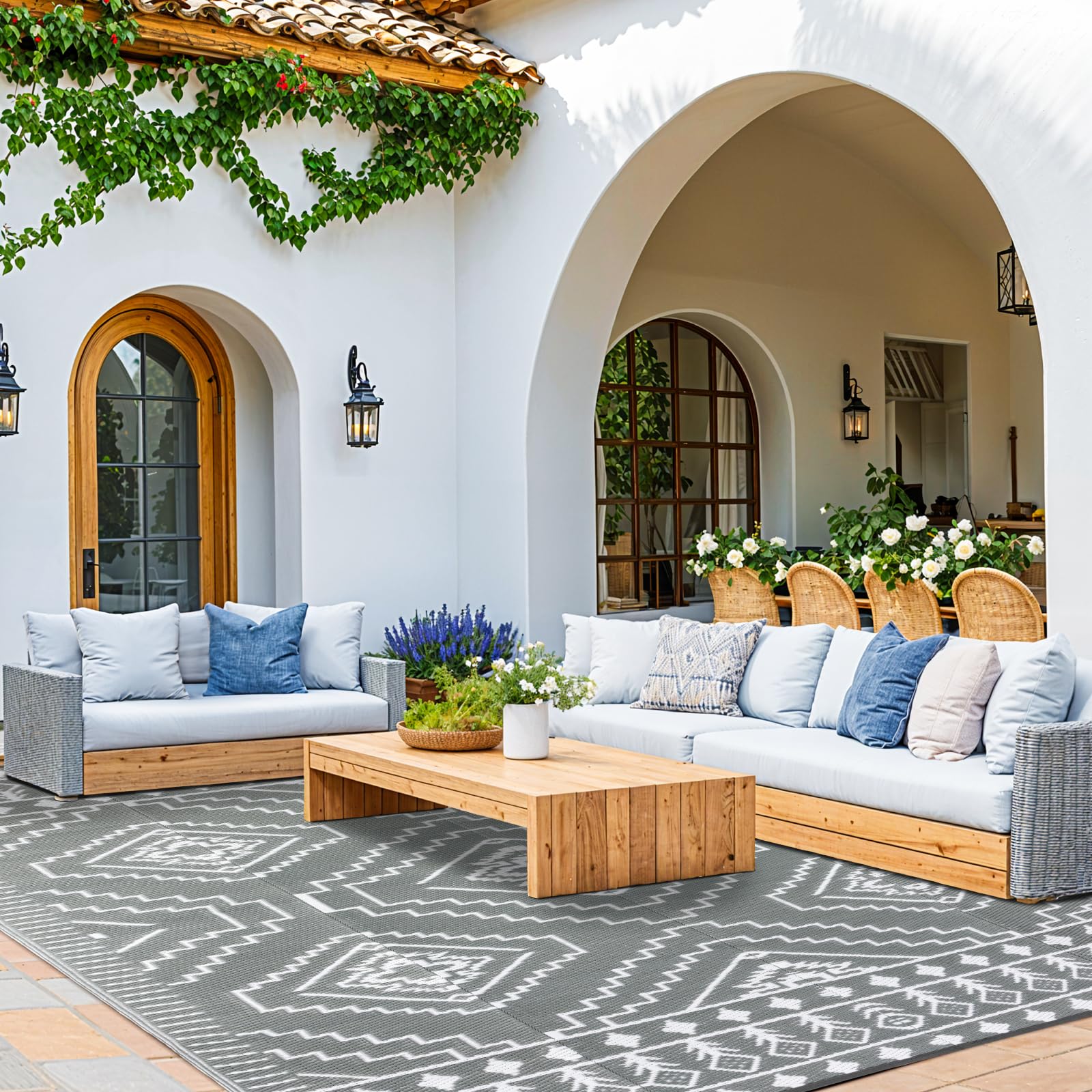 LBRO2M Plastic Straw Outdoor Rug Waterproof Rugs 6X9 UV Resistant Moroccan Geometric Reversible RV Rug for Outside Camping Rugs for Patio, Picnic,