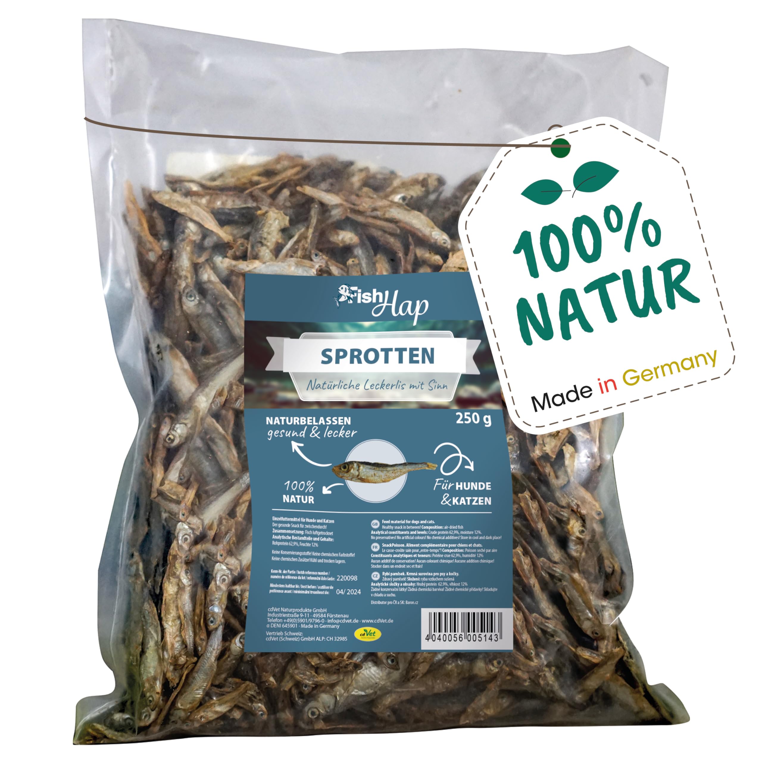 cdVet Naturprodukte FischSnack Beutel 250 g - Hund, Katze - Einzelfuttermittel - Belohnung - wertvolle Omega Fettsäuren - natürlich - luftgetrocknet - ohne Farbstoffe + Konservierungsstoffe -