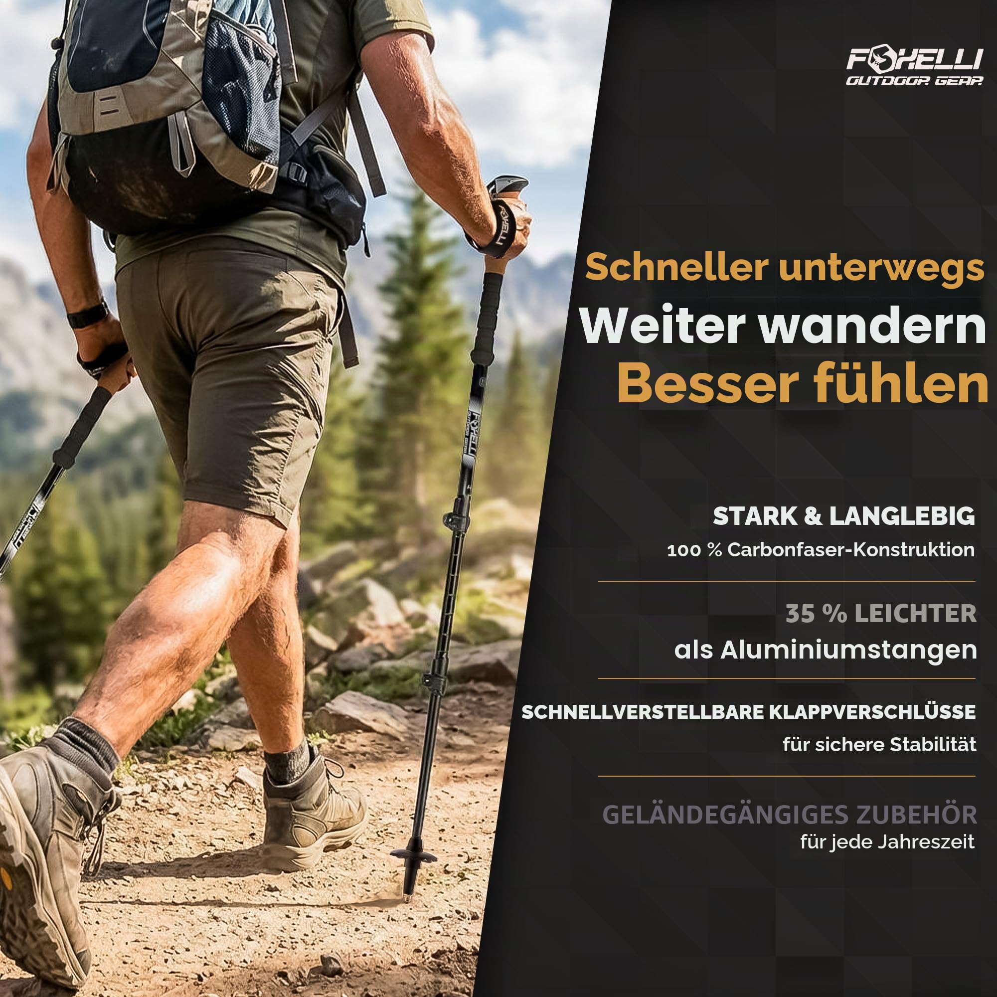 Foxelli Carbon Wanderstöcke – Faltbare leichte stoßdämpfende Stöcke zum Wandern, Trekking, Hiking und Laufen mit Naturkorkgriffen, Flip Locks, 4-Jahreszeiten-/All-Terrain-Zubehör und Tragetasche