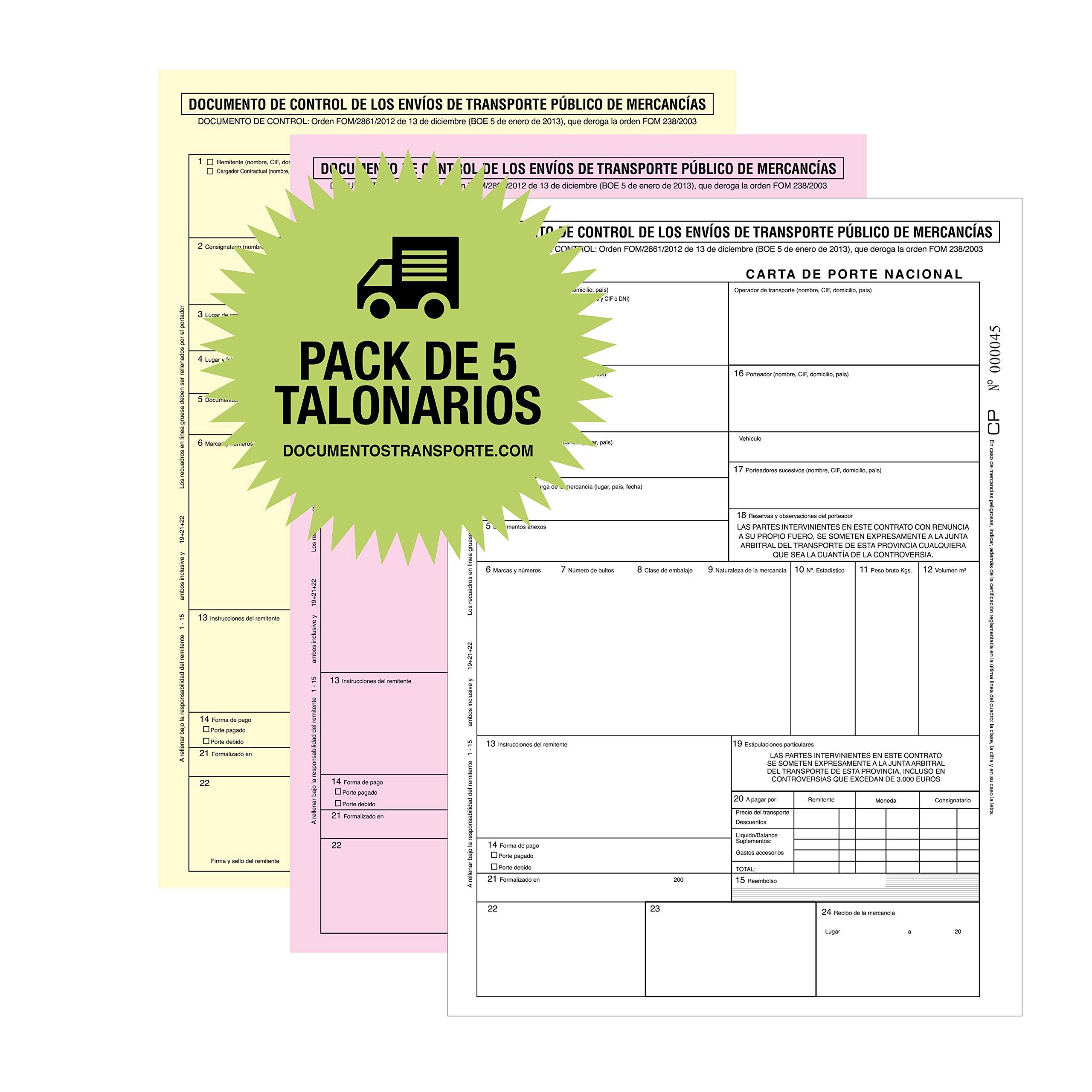 Pack 5 Talonarios CARTA DE PORTE NACIONAL, tamaño A4 - Autocopiativos