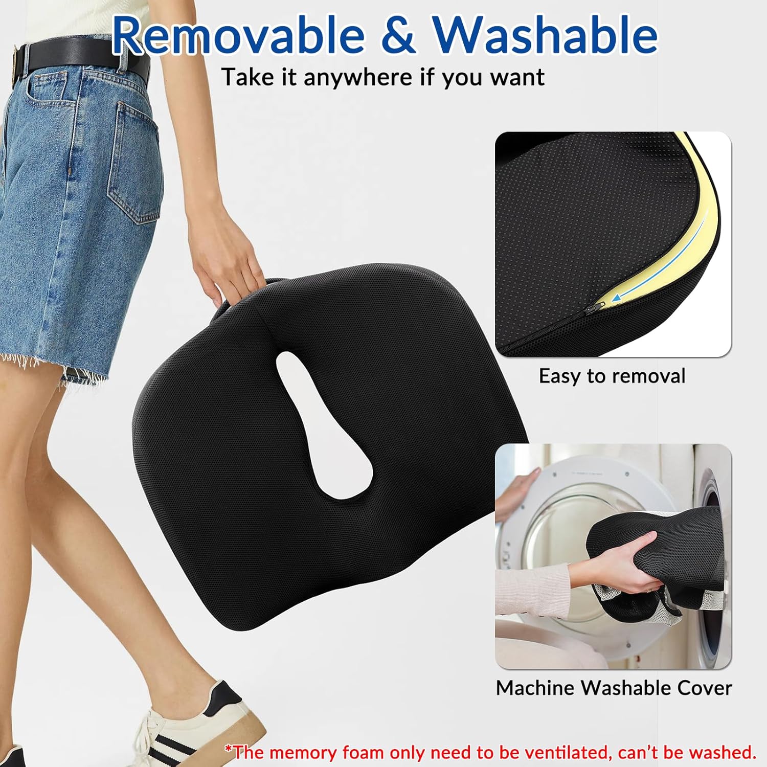 Ergonomic Memory Foam Seat Cushion for Office Chair, Extra Large Pad with U-Shaped Design for Pressure Relief, Coccyx Sciatica & Back Pain Relief, for Home, Car Long Sitting (Black/Gray) - Image 7