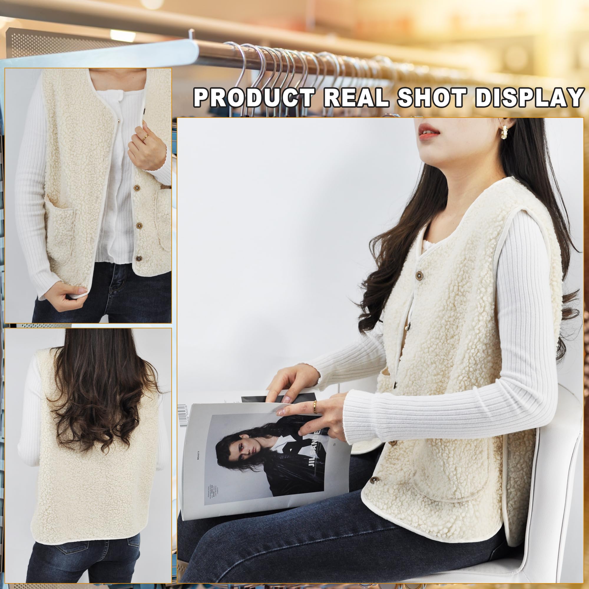 beifon Gilet Sans Manches Femme Polaire Doudoune Sans Manches Fourrure Veste Laine Couleur Unie Blouson Mode Bouton Matelassée