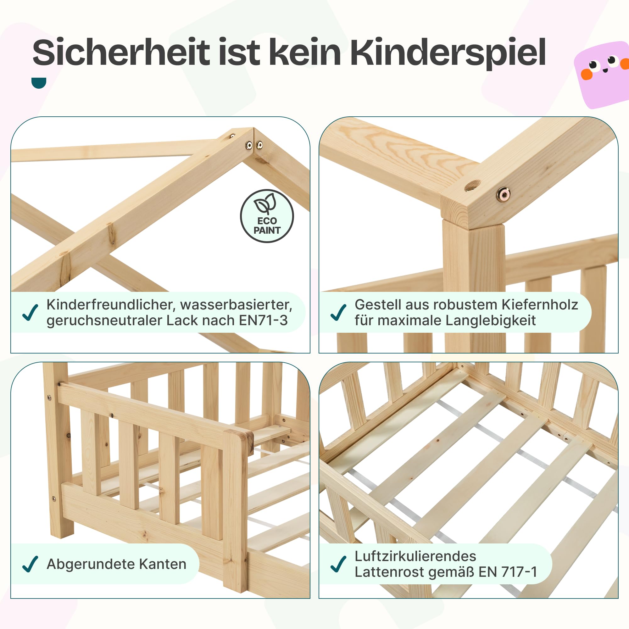 [en.casa] Kinderbett Treviolo mit Matratze 90 x 200 cm Hausbett Holzbett für Kinder mit Rausfallschutz Montessori Bettgestell mit Lattenrost Spielbett Kiefernholz Holz Natur