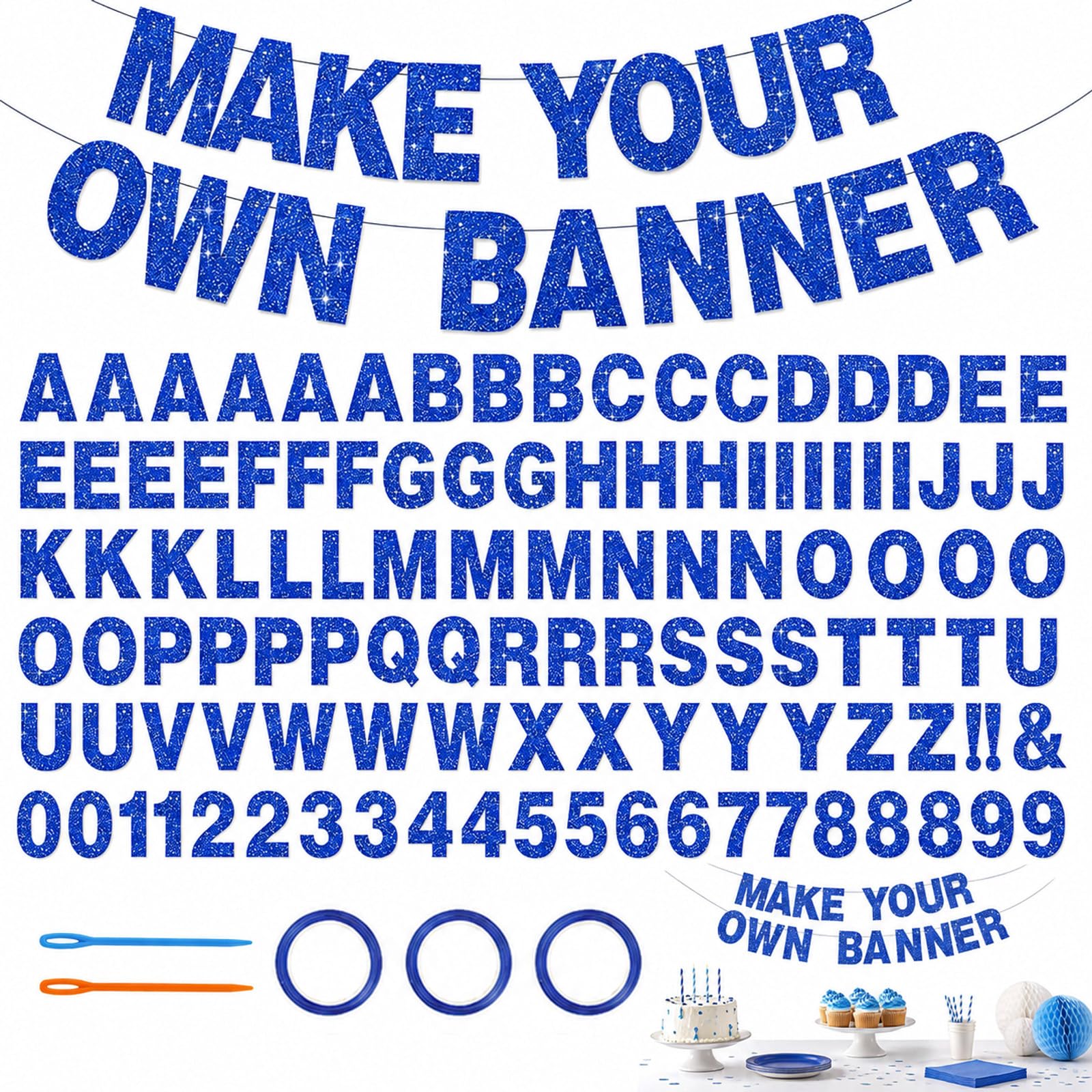 116pcs Personalised Banner Set Customisable DIY Alphabet Bunting Glitter Letters and Numbers with Hanging String for Adults DIY Enthusiasts Indoor Outdoor Decor for Hen Parties Anniversar (Blue)