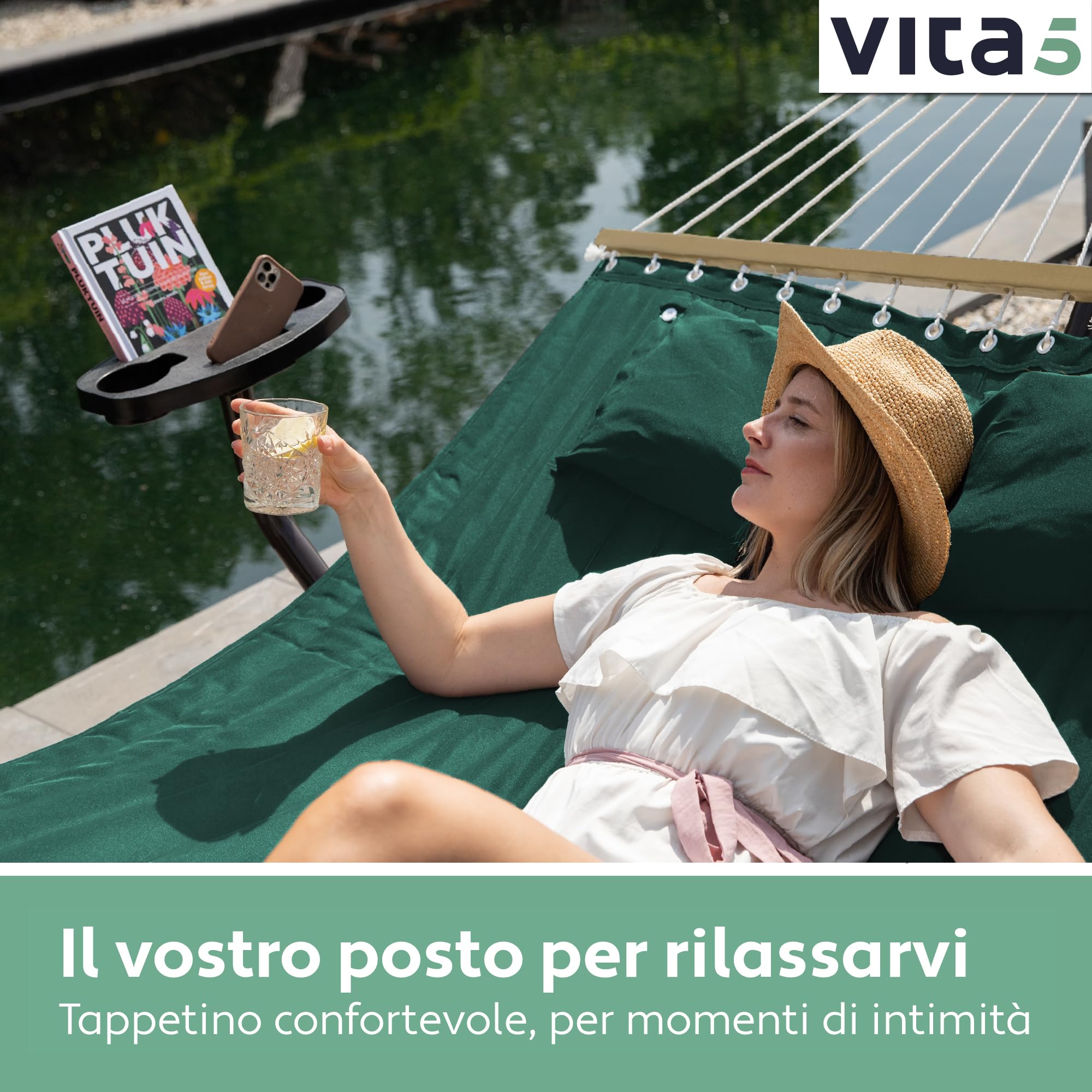 VITA5 Amaca con Struttura e Tavolino – Amaca da Giardino per 2 Persone con Supporto in Acciaio – Amache Doppia per Esterno, Balcone, Piscina – Portata 200kg – Telo Traspirante UV