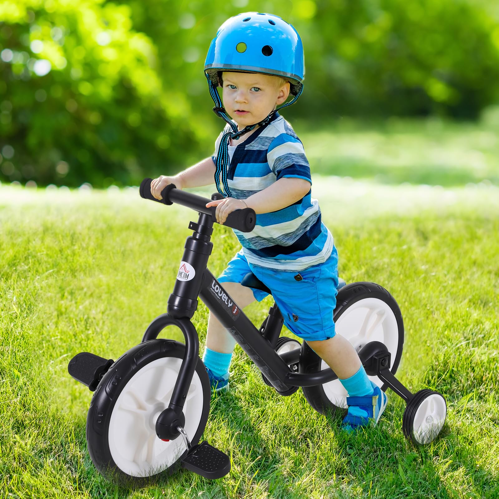 HOMCOM Bicicletta Senza Pedali per Bambini da 2 a 5 Anni, 25 kg, Nero | Balance Bike, Sellino Regolabile, Ruote Ausiliarie e Pedali