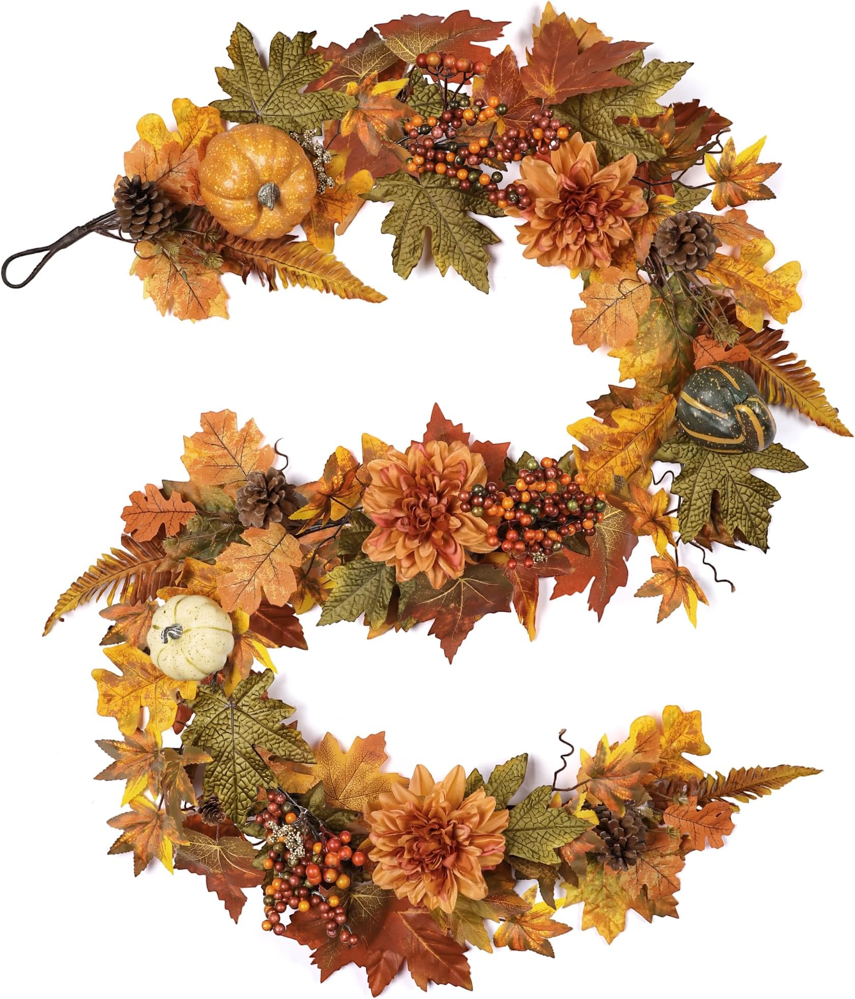 6 Ft Realistic Fall Garland for Mantle Autumn Maples Leaf Pumpkin Garland with Berries Pine Cones Dahlia for Fireplace Doorway Party Thanksgiving Halloween Farmhouse Porch Indoor Outdoor Decorations