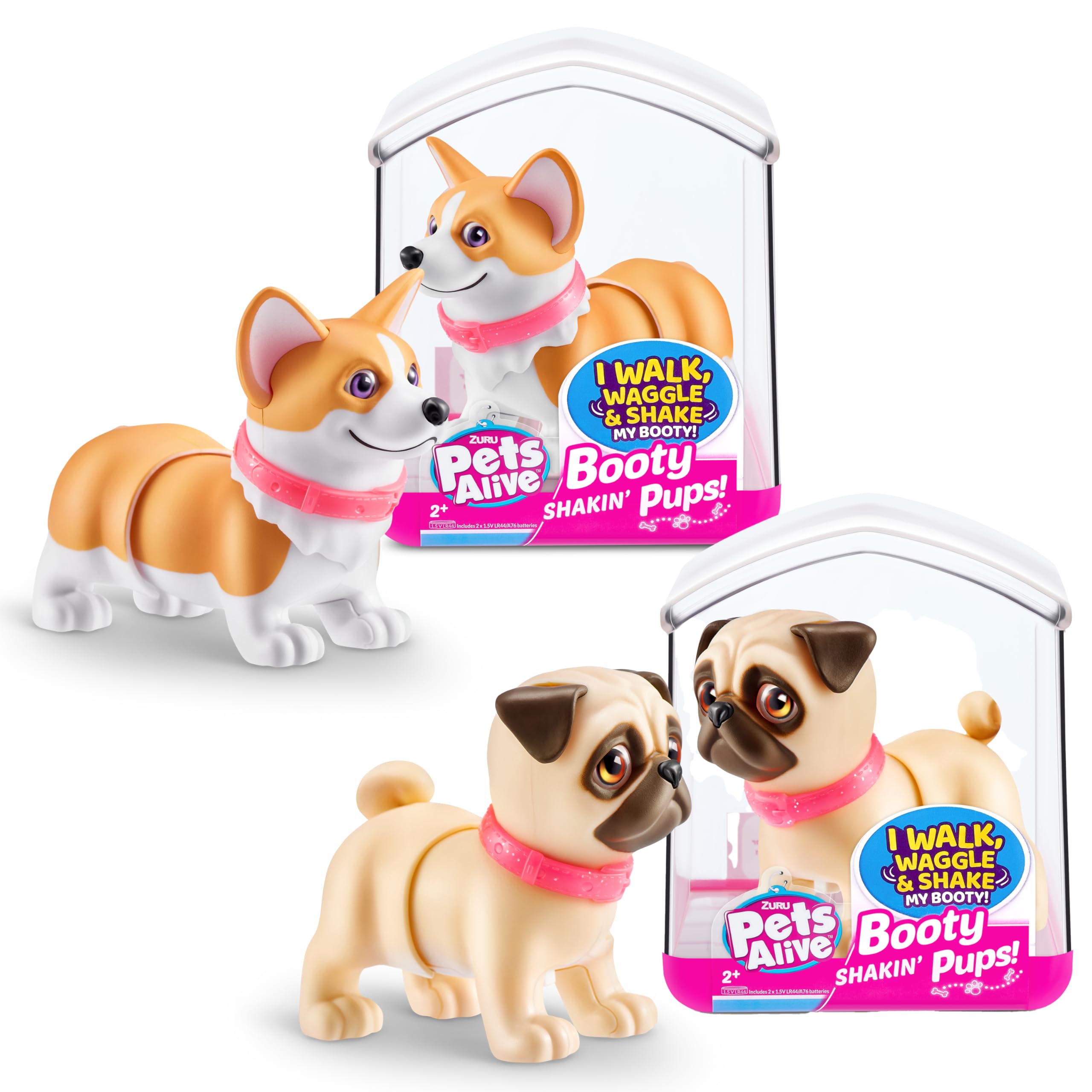 Booty Shakin' Pups (Corgi & Pug) by ZURU, Interactive Mini Dog Toys That Walk, Waggle, and Booty Shake, Electronic Puppy Toy for Kids and Girls (2 Pack)