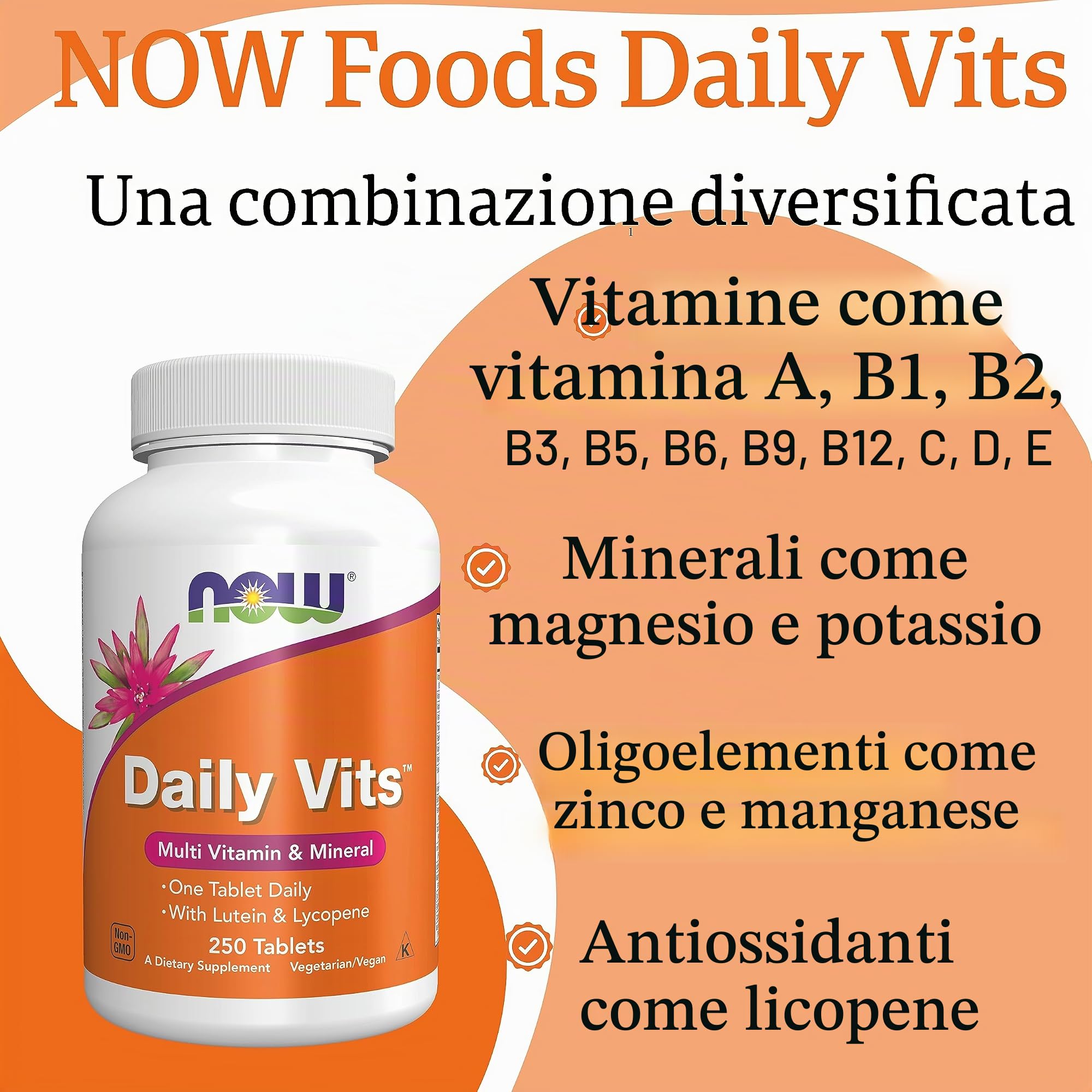 Now Foods, Daily Vits, Vitamine Quotidiane, Multivitaminico, 250 Compresse vegane, Testato in Laboratorio, Senza Glutine, Senza Soia, Vegetariano, non OGM