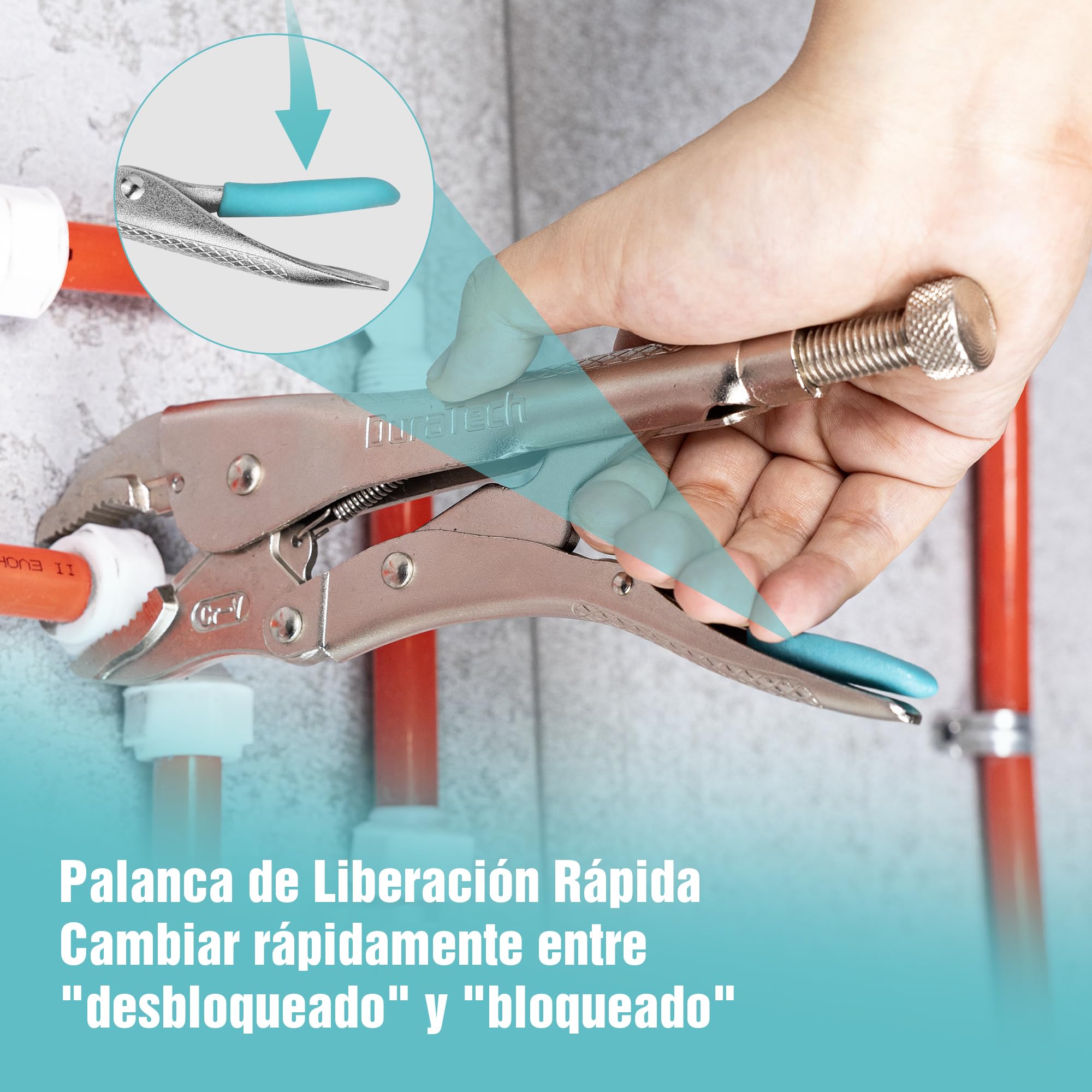 DURATECH Juego de 6 Alicates de Presión con 2 Alicates de Punta Larga de 16,5 cm y 24 cm, 3 Alicates de Mordaza Curva de 12,7 cm, 17,8 cm y 25,4 cm y 1 Alicate Tipo C 15 cm, con Estuche Enrollable