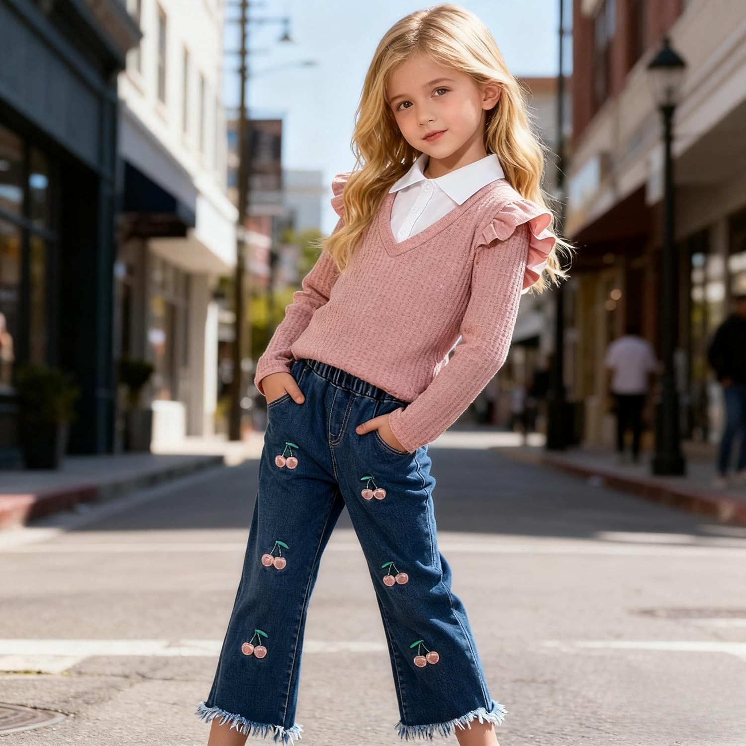 Kid Girl 2pcs Clothes Spring Summer Outfits Cute Sweet Bowknot Long Sleeve Bowknot Top + Denim Pants Set - Image 2
