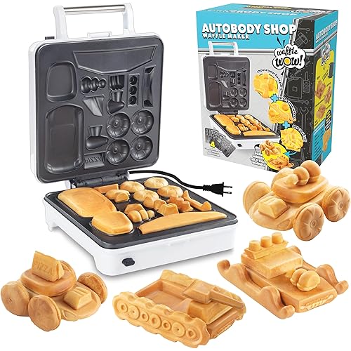 Auto Body Shop Waffle Maker - Make Custom Shaped Cars Trucks or Vehicles Out of WAFFLES! Mix & Match Wheels & Engine for Kid Breakfast- Nonstick w 4 Removable Dishwasher Safe Plates, Xmas Gift for Him