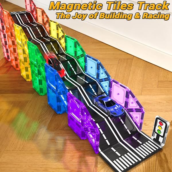 Close-up of the IGIVI magnetic tiles and road pieces, showcasing the smooth edges and vibrant colors.
