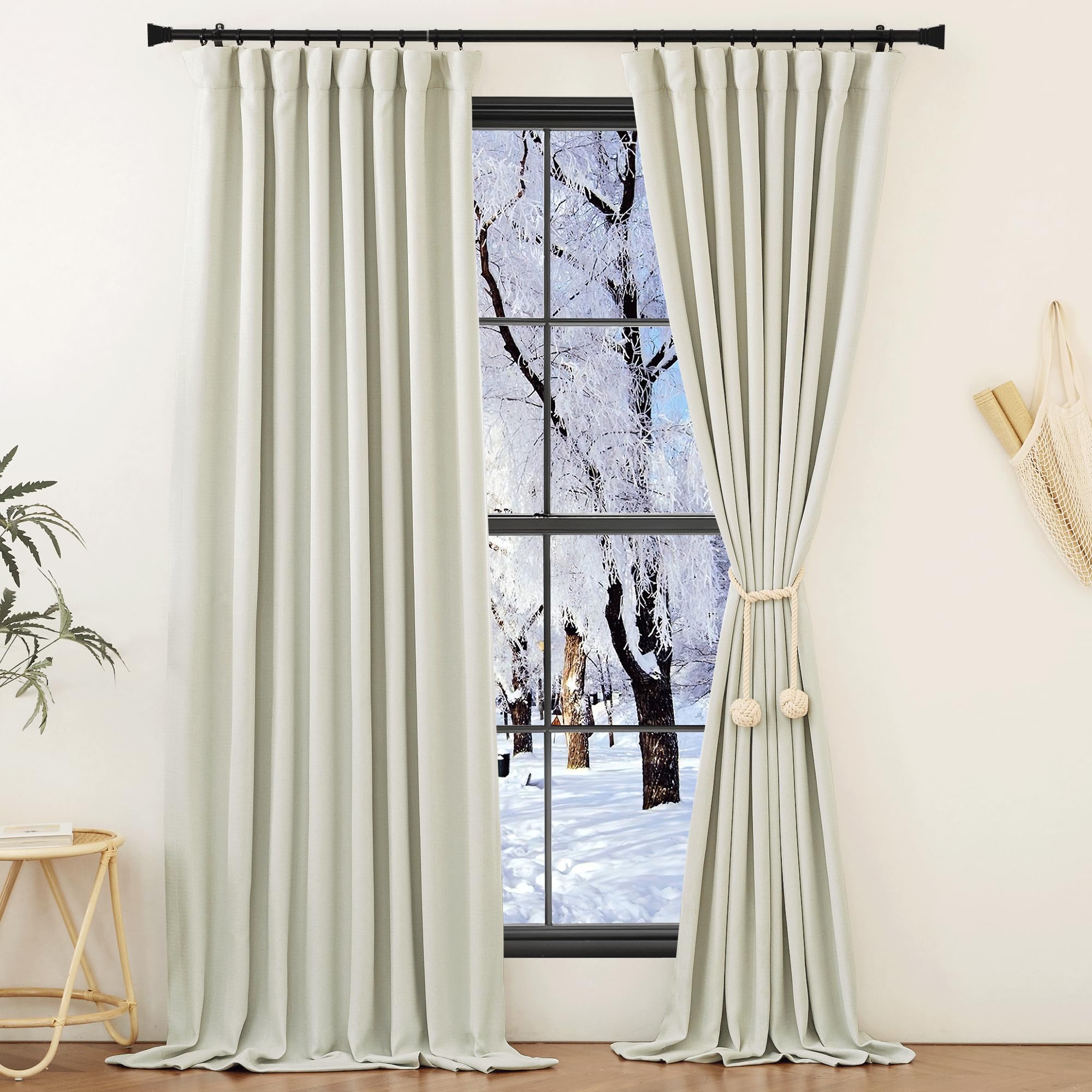 NICETOWN Extra Wide Sliding Door Curtains 84 inches Long 2 Panels Set, Pinch Pleated Thick Faux Linen Room Darkening Thermal Curtains Privacy Window Treatments for Living Room, Natural, W62 x L84