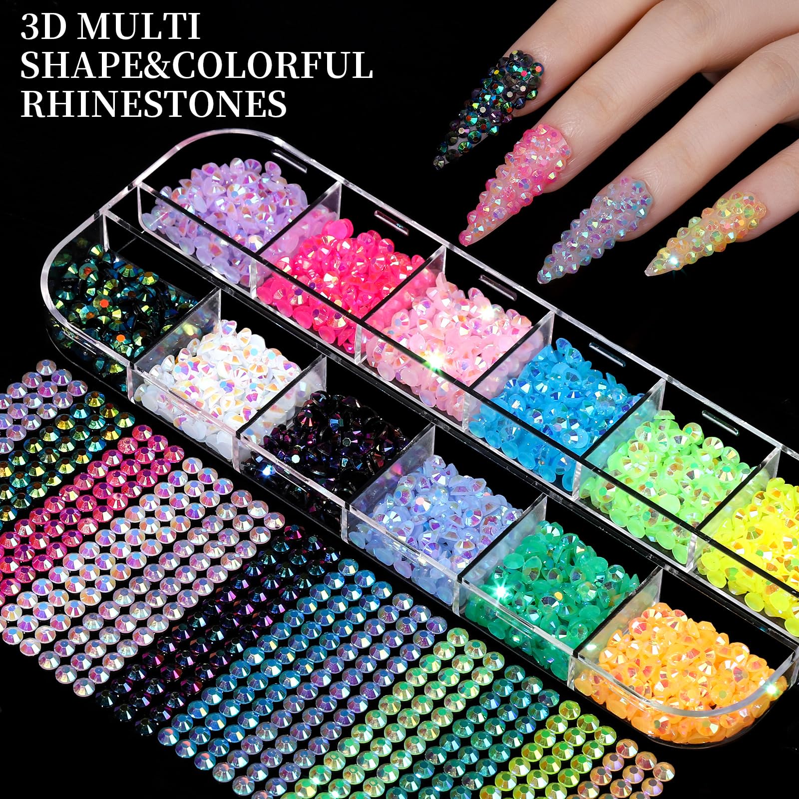 Dijes para uñas, kit de diamantes de imitación para uñas con 8 cajas de gemas para uñas, dijes 3D para uñas, diamantes de imitación transparentes de colores planos, cristales de uñas 3