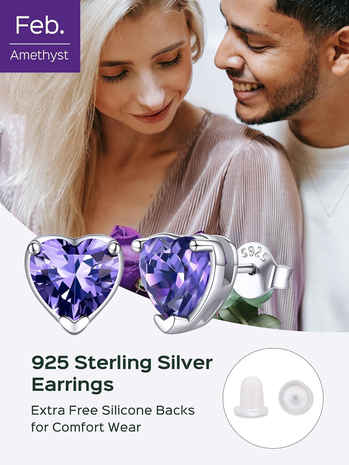 ChicSilver 925 Sterling Silver Birthstone Earrings for Women, 8MM/2 Carat Heart, Round & Princess Cut CZ Stud Earrings, Hypoallergenic Jewelry, Ideal Birthday or Christmas Gifts - Image 6