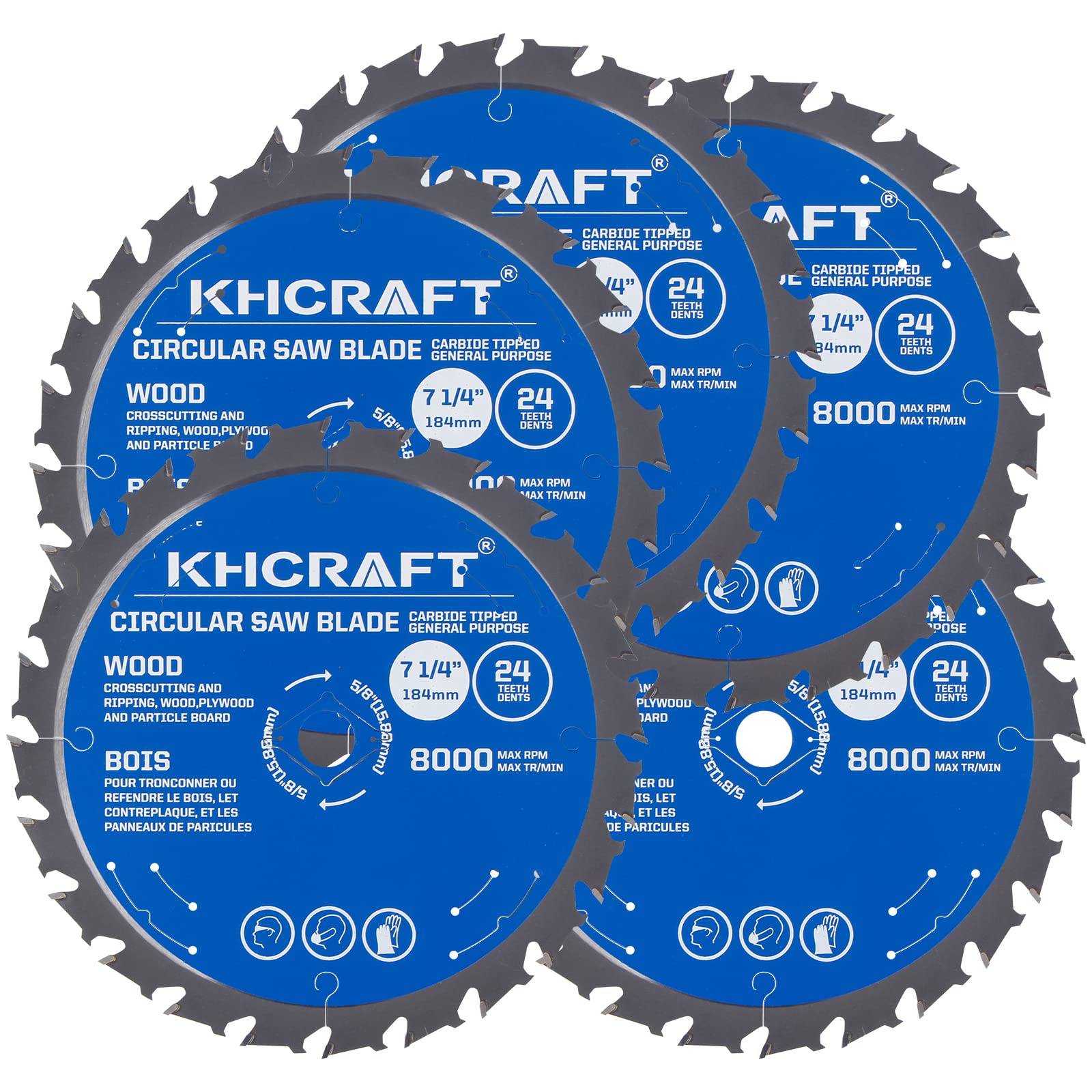 KHCRAFT Laser-Cut Circular Saw Blade 7-1/4 Inch 24 Teeth ATB 5/8 Inch Arbor 5-Piece General Purpose for Fast Woodworking